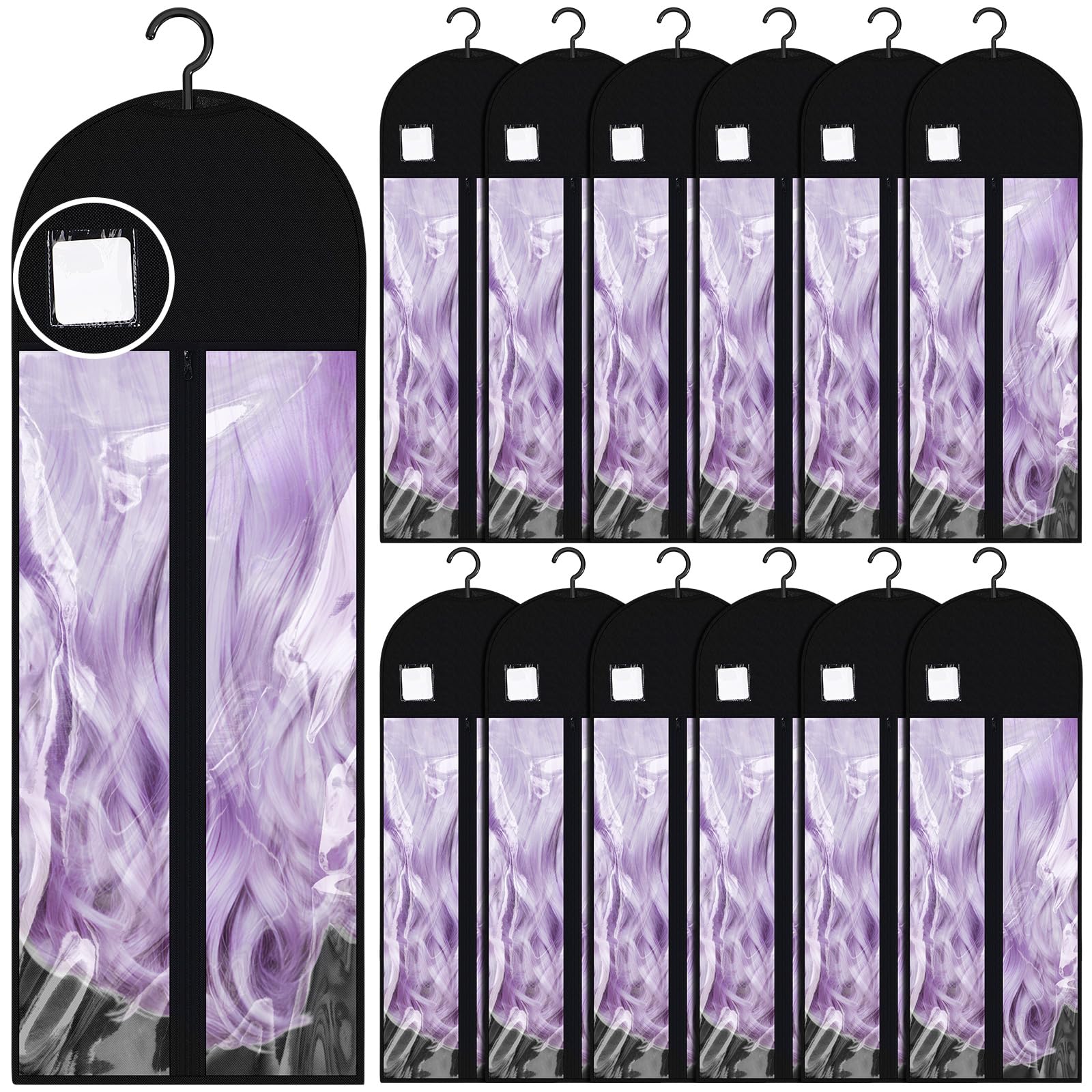Thinkday 12pcs Extra Long Wig Storage Bags Bulk with Hanger and Labels 31.5 Inch Wig Storage for Multiple Wigs for Home Travel C