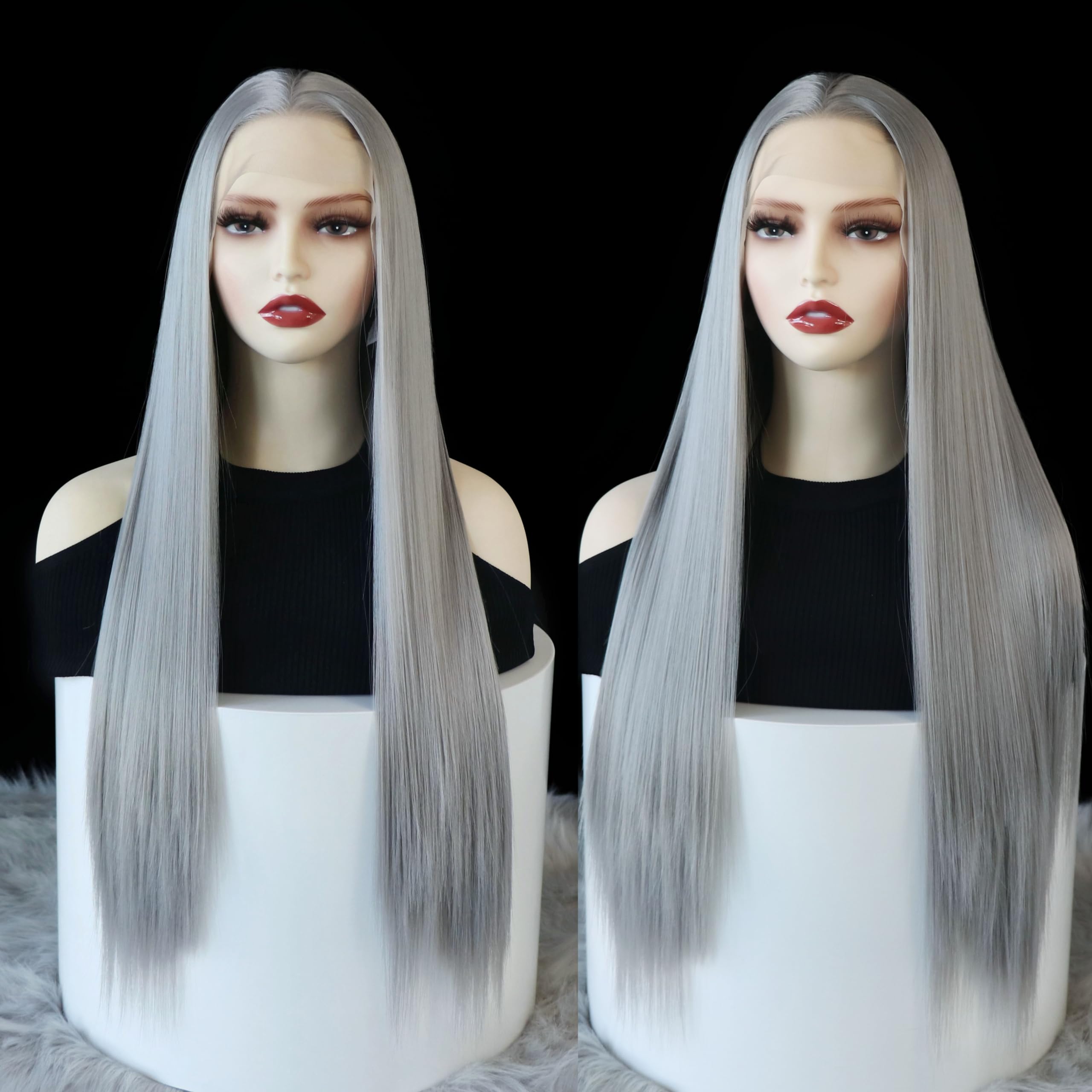WXHWCX Grey Synthetic Lace Front Wig Straight Free Part Heat Resistant Fiber Hair Glueless Lace Wigs For Women Natural Hairline 