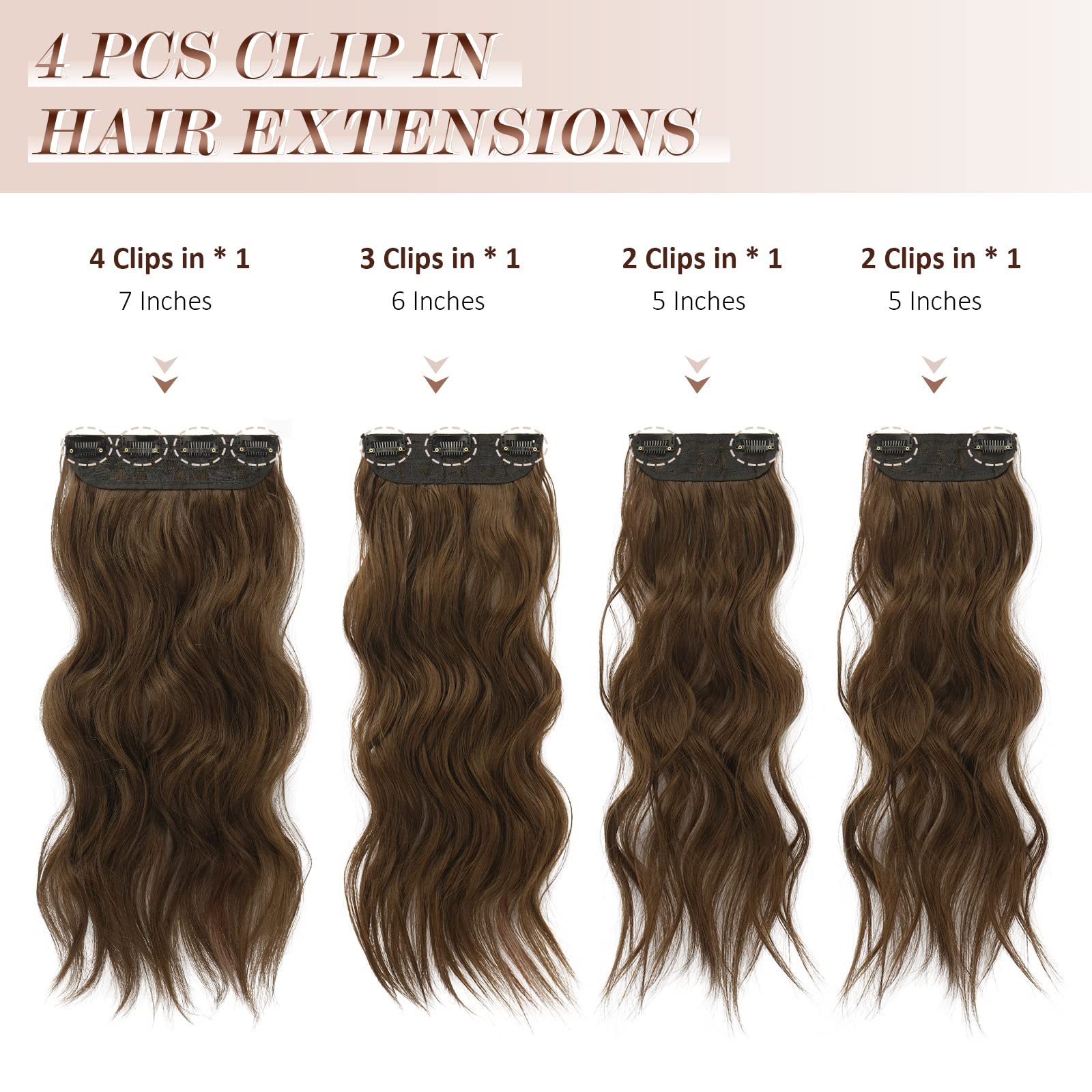 FESHFEN Clip in Hair Extensions - 4 PCS Long Wavy Thick Clip in Hairpieces Full Head Synthetic Hair Extension for Women, Chestnu