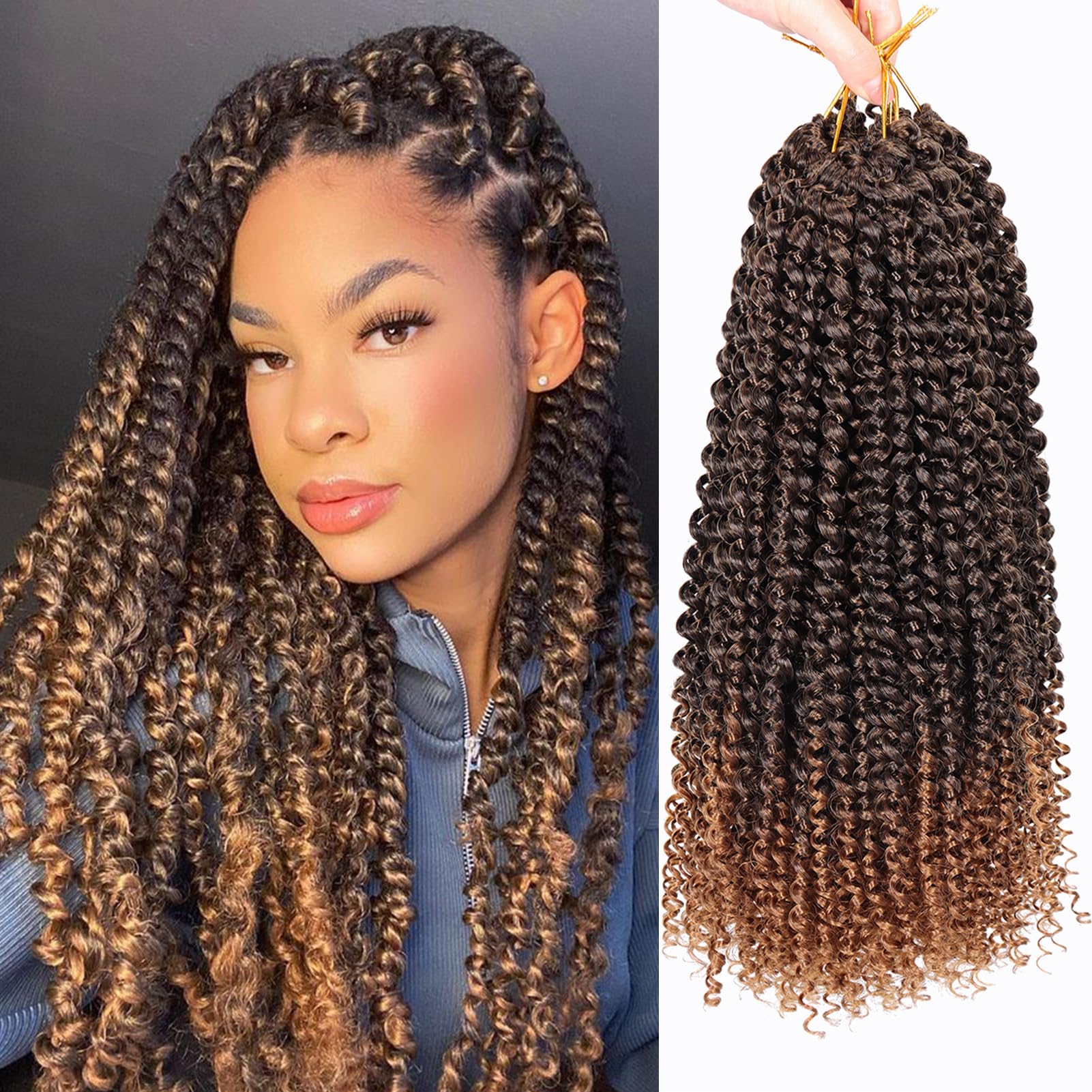 Dorsanee Ombre Brown Passion Twist Hair 16 Inch 7 Packs Water Wave Crochet Hair Long Bohemian Curly Braiding Hair For Butterfly