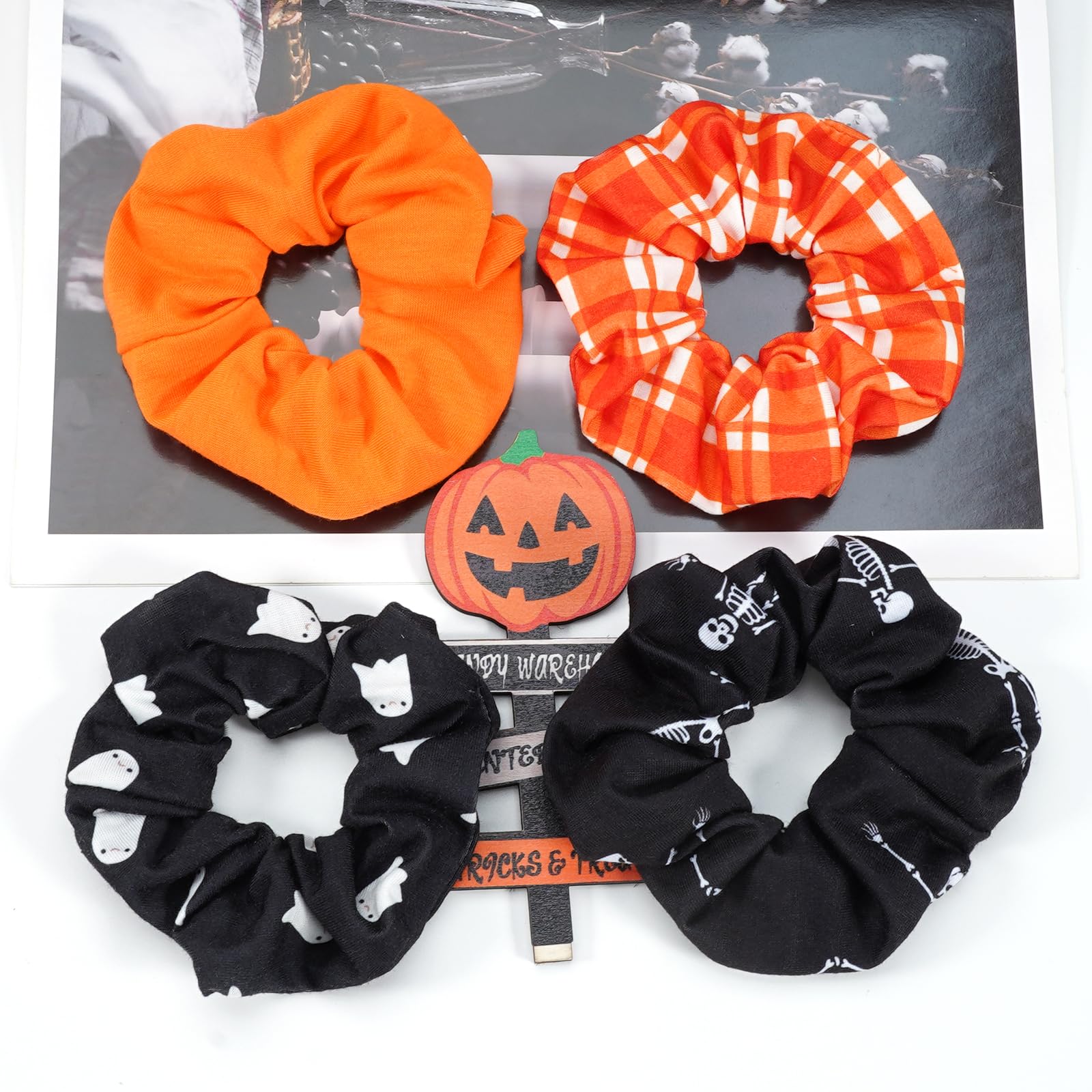 Halloween Hair Scrunchies for Women Girls Spooky Ghost Skull Skeleton Hair Ties Fall Orange Plaid Hair Accessories Gifts Hair Ti
