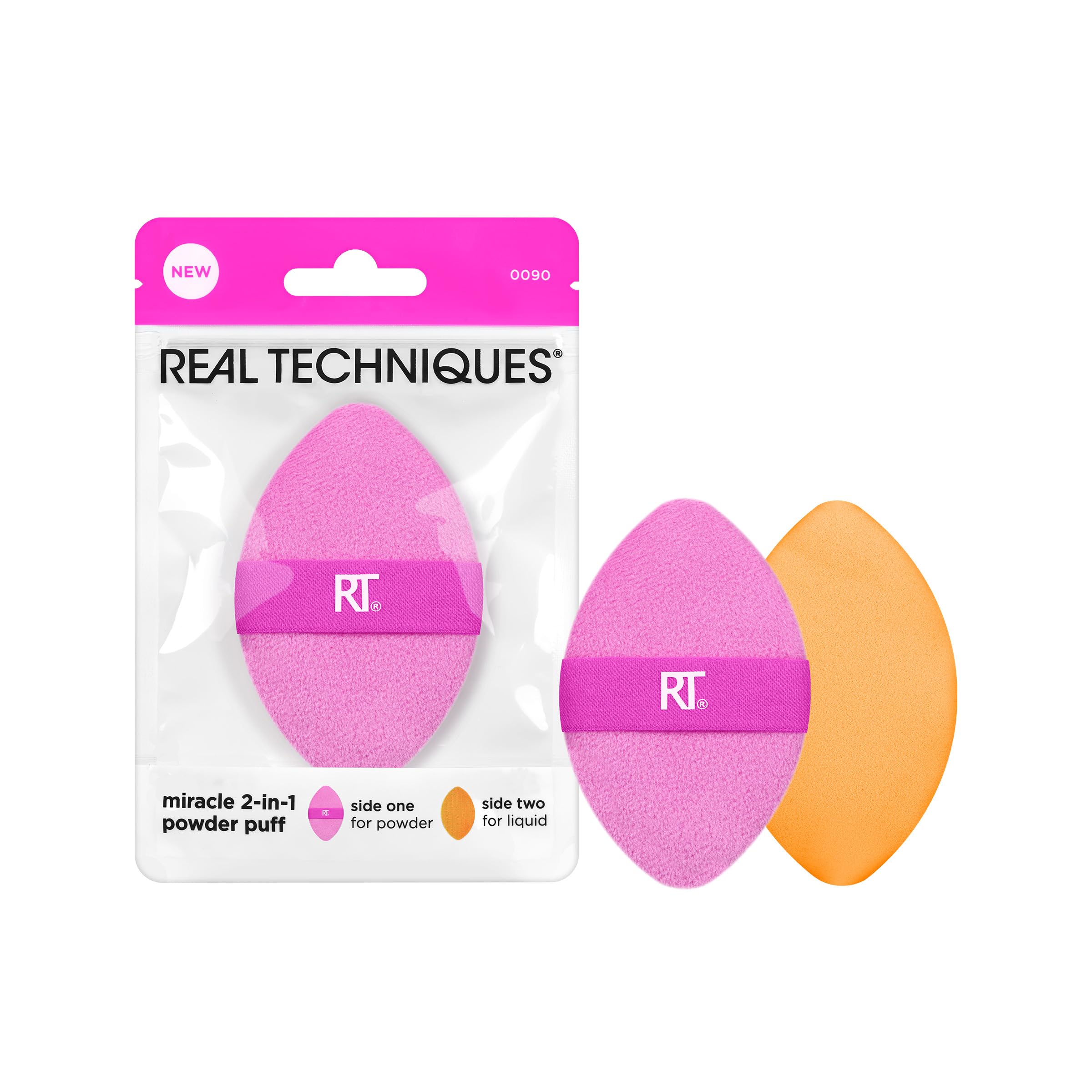 Real Techniques Miracle 2-In-1 Powder Puff, Dual-Sided, Full-Size Makeup Blending Puff, Reversible Elastic Band, Precision Tip M
