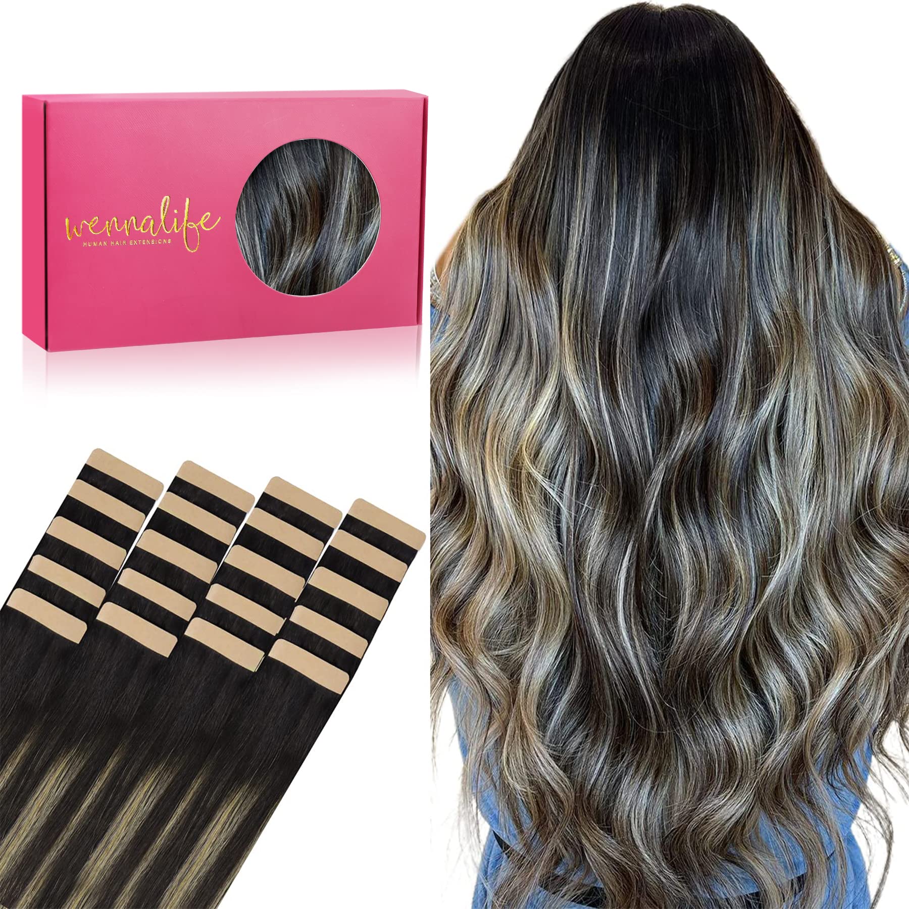 Wennalife Tape In Hair Extensions Human Hair, 20Pcs 50G 16 Inch Natural Black To Light Blonde Remy Hair Extensions Straight Huma