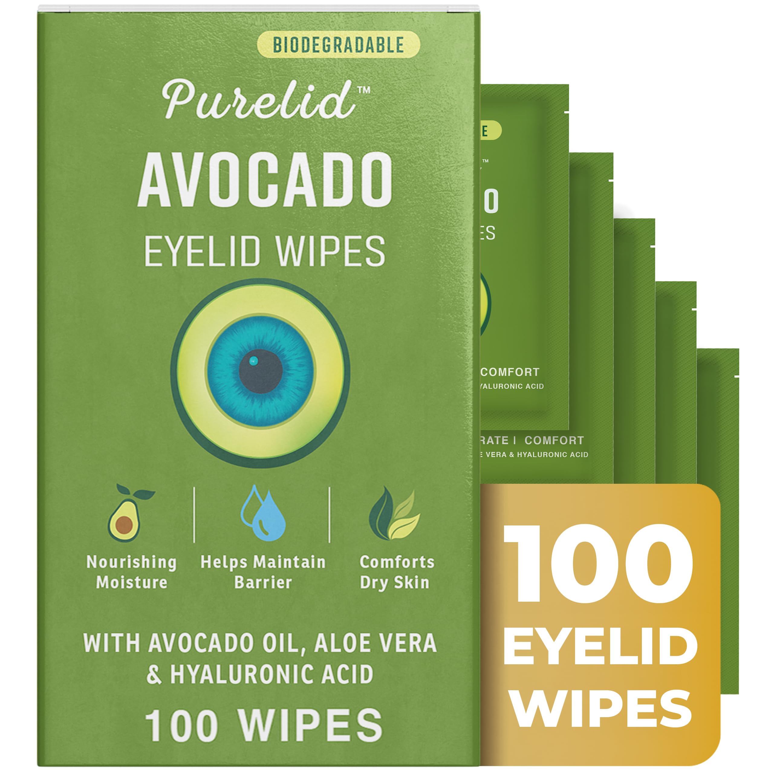PURELID 100 Pcs Avocado Eyelid Wipes for Daily Eye Hygiene & Gentle Cleansing for Dry & Sensitive Eyelids, Nourishing with Avoca