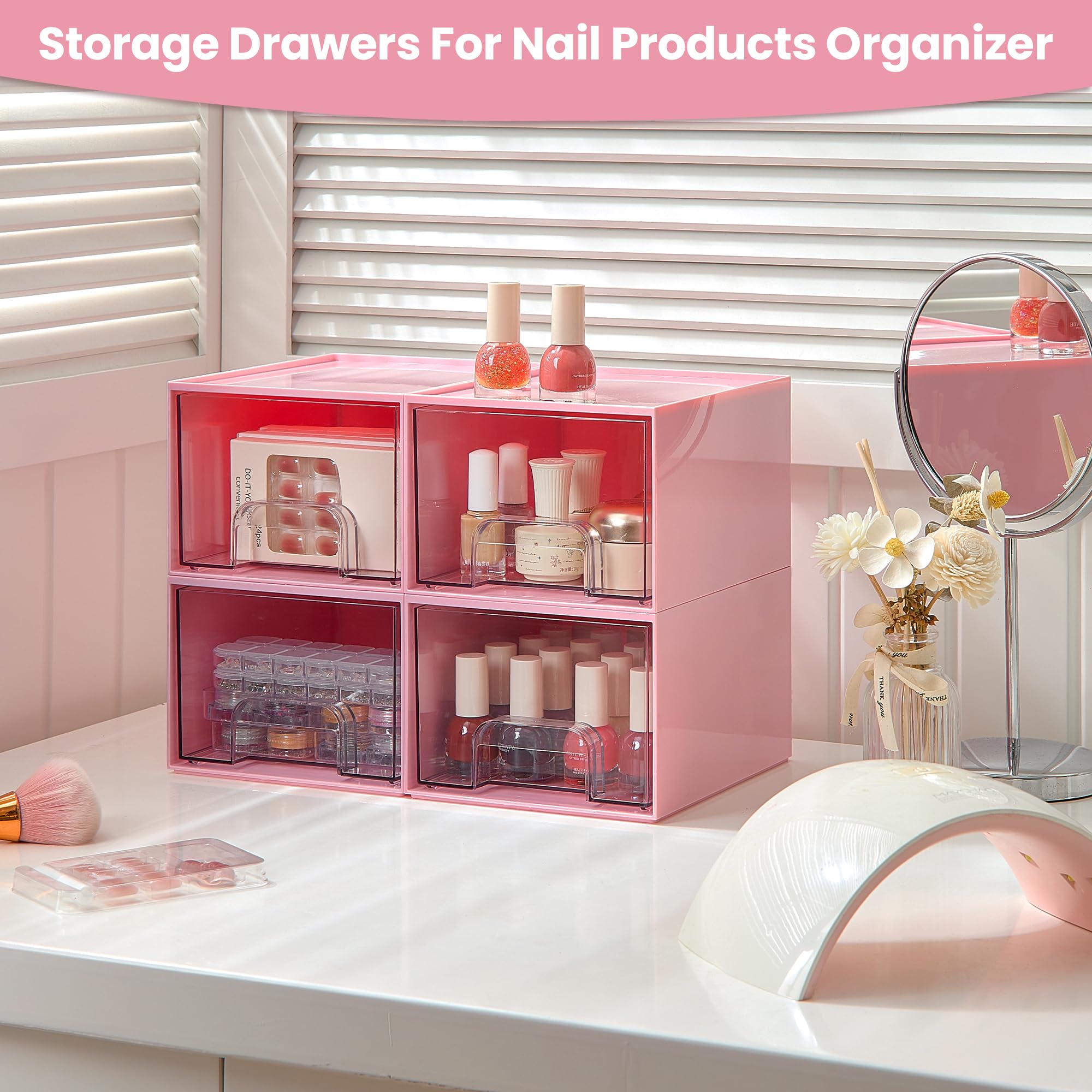 Vtopmart 4Pack Stackable Storage Drawers, 4.4'' Tall Bathroom Makeup Organizer,Plastic Storage Bins For Vanity, Undersink, Kitch