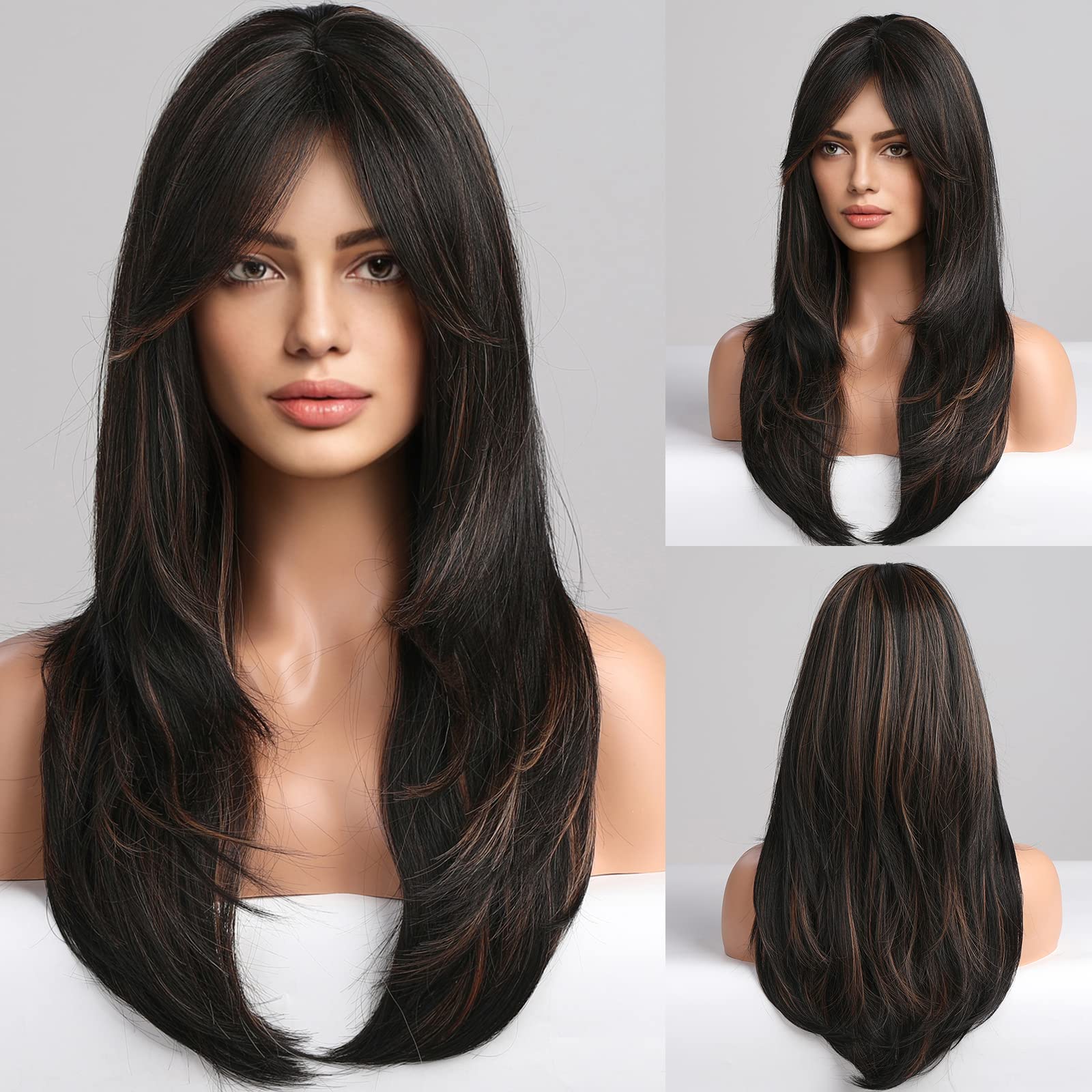 HAIRCUBE Black Wigs for Women,Long Layered Black with Blonde Highlight Wigs with Bangs Heat Resistant Synthetic Fibre Wigs(peluc