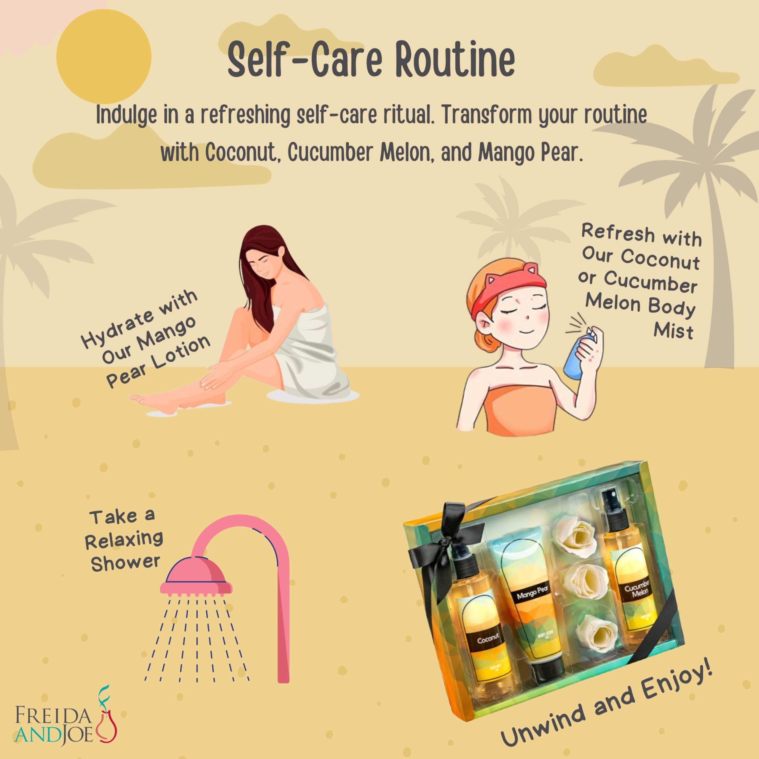 Fine Fragrance Body Mist & Body Splash Gift Set - Luxury Self-Care Combo For Women And Girls (Coconut, Cucumber, Mango Pear, Ros