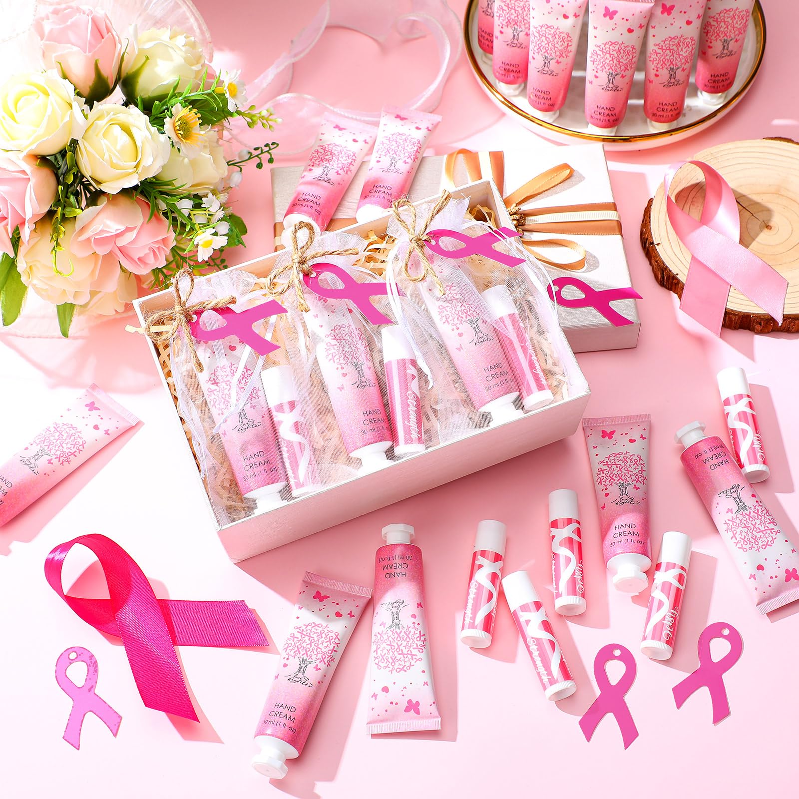 Dansib 24 Sets Breast Cancer Awareness Favors Breast Cancer Hand Cream and Lip Balm Gift for Women Pins Pink Ribbon Travel Size