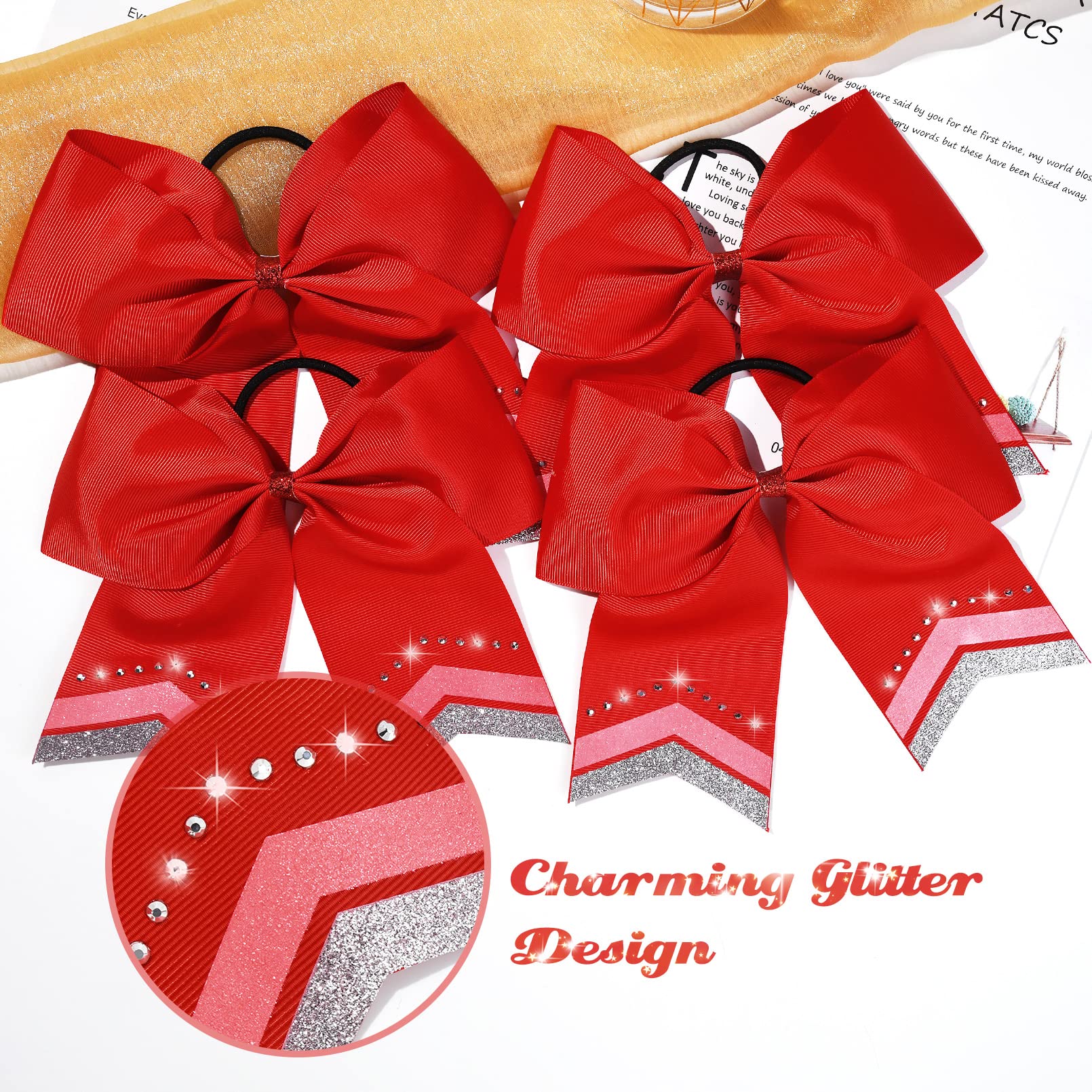 Large Glitter Hair Bows Set Of 8 - 8'' Red Rhinestone Sequin Bows For Girls, Teen Cheerleaders, Softball, And Sports