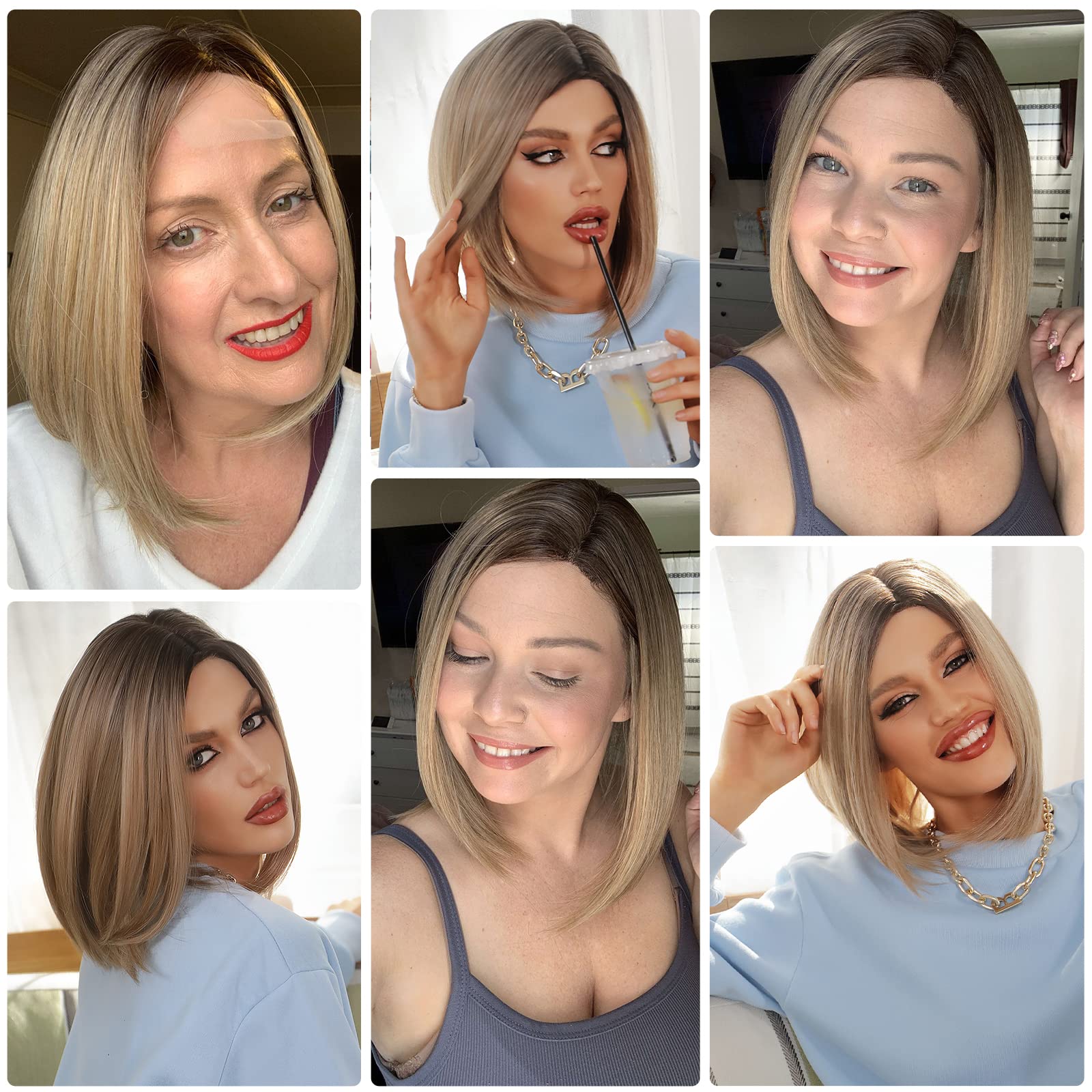 HAIRCUBE Ash Blonde Bob Wig Short Hair Side Parting Wig Hand-Tied Hairline Shoulder Length Ombre Wig Natural Looking Synthetic L