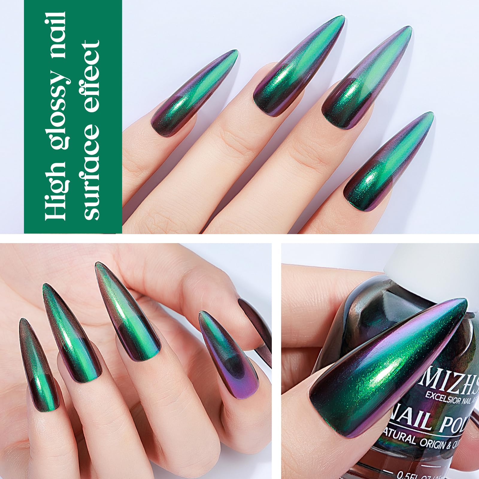 Mizhse Chameleon Nail Polish, Green Nail Polish Air Dry Fast, 15Ml/0.5 Fl Oz High Glossy Shiny Nail Pigment Holographic Nail Pol