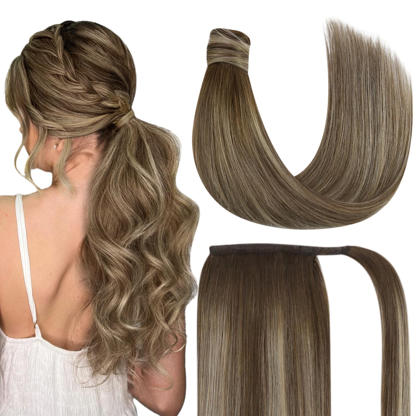 Ve Sunny Real Hair Ponytail Extension Brown Human Hair Ponytail Brown Ponytail Extension Real Human Hair Dark Roots Light Brown 