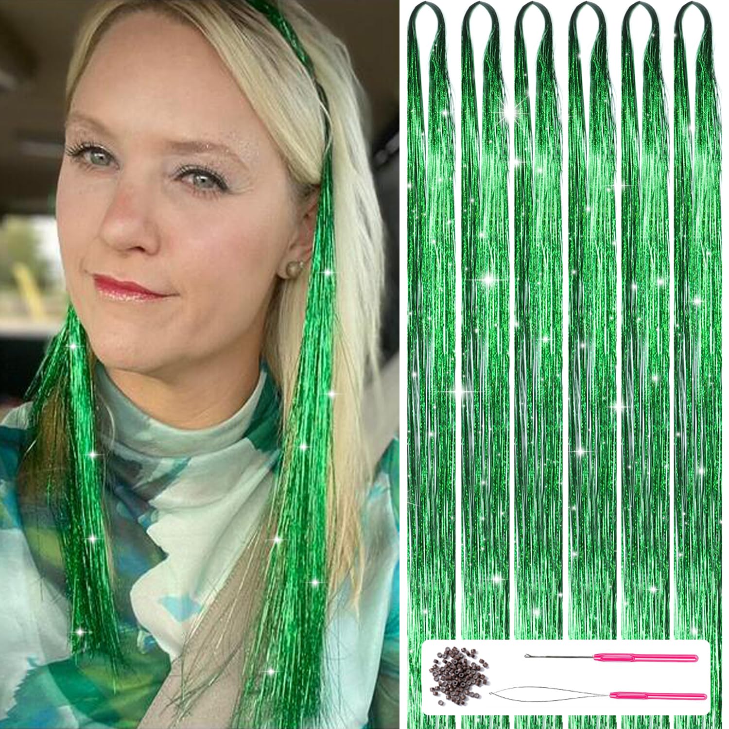 MISSUHUI Hair Tinsel Kit with Tools 47Inch 1200 Strands Fairy Hair Tinsel Heat Resistant Glitter Tinsel Hair Extensions Sparklin