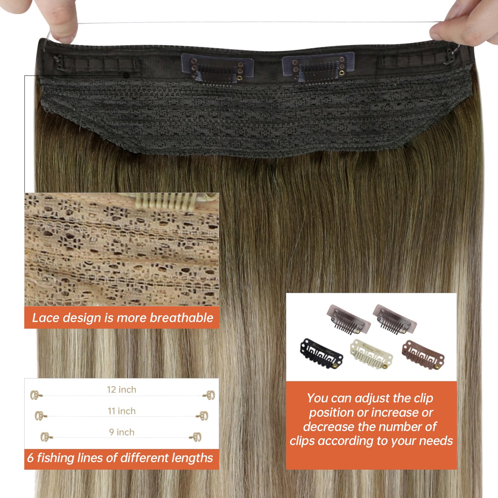 Sunny Wire Hair Extensions Human Hair invisible wire hair extensions Brown to Light Brown with Medium Blonde #3/8/22 18 Inch
