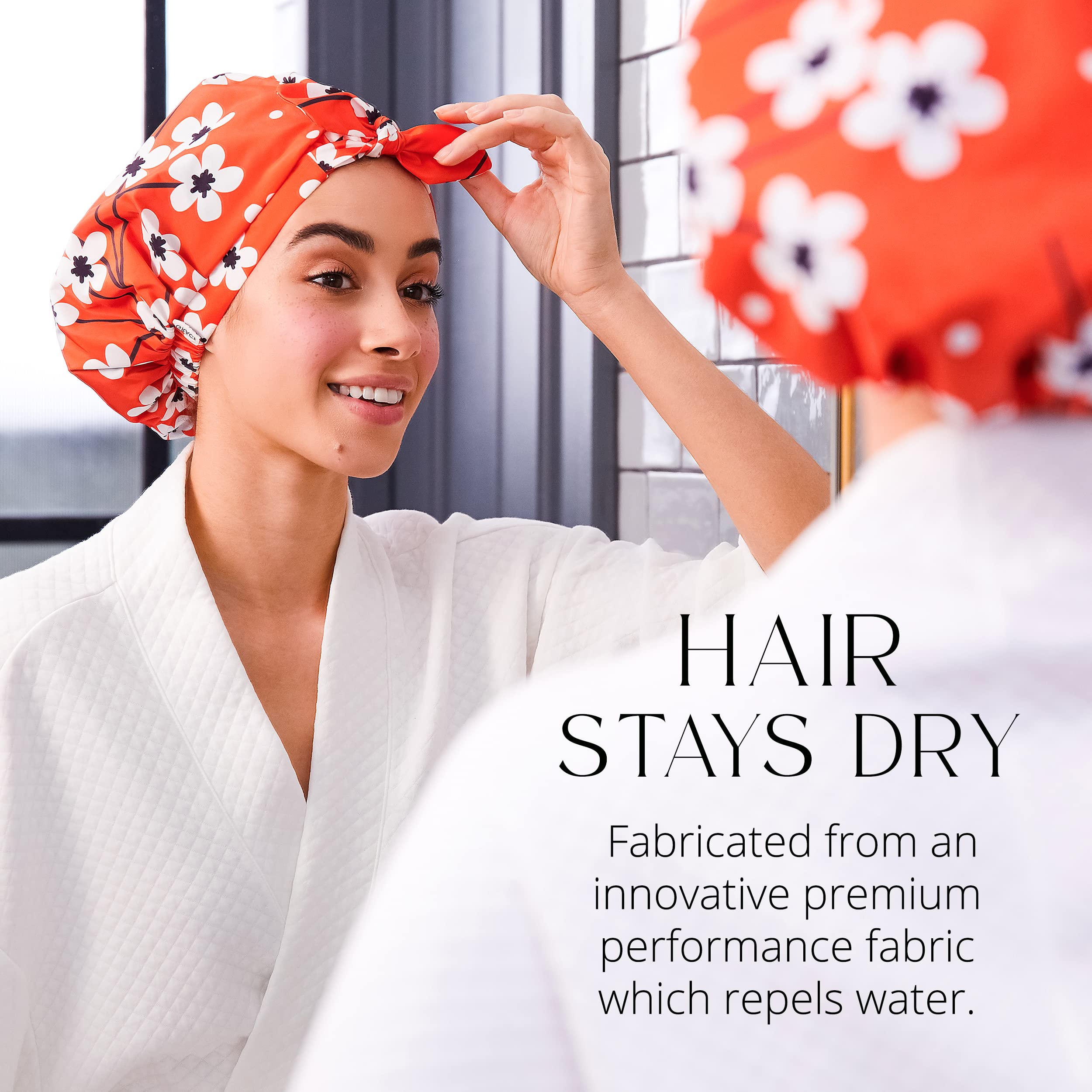 Grace & Company Luxury Shower Cap For Women - 100% Waterproof, Reusable, Washable & Breathable Shower Caps-Clementine