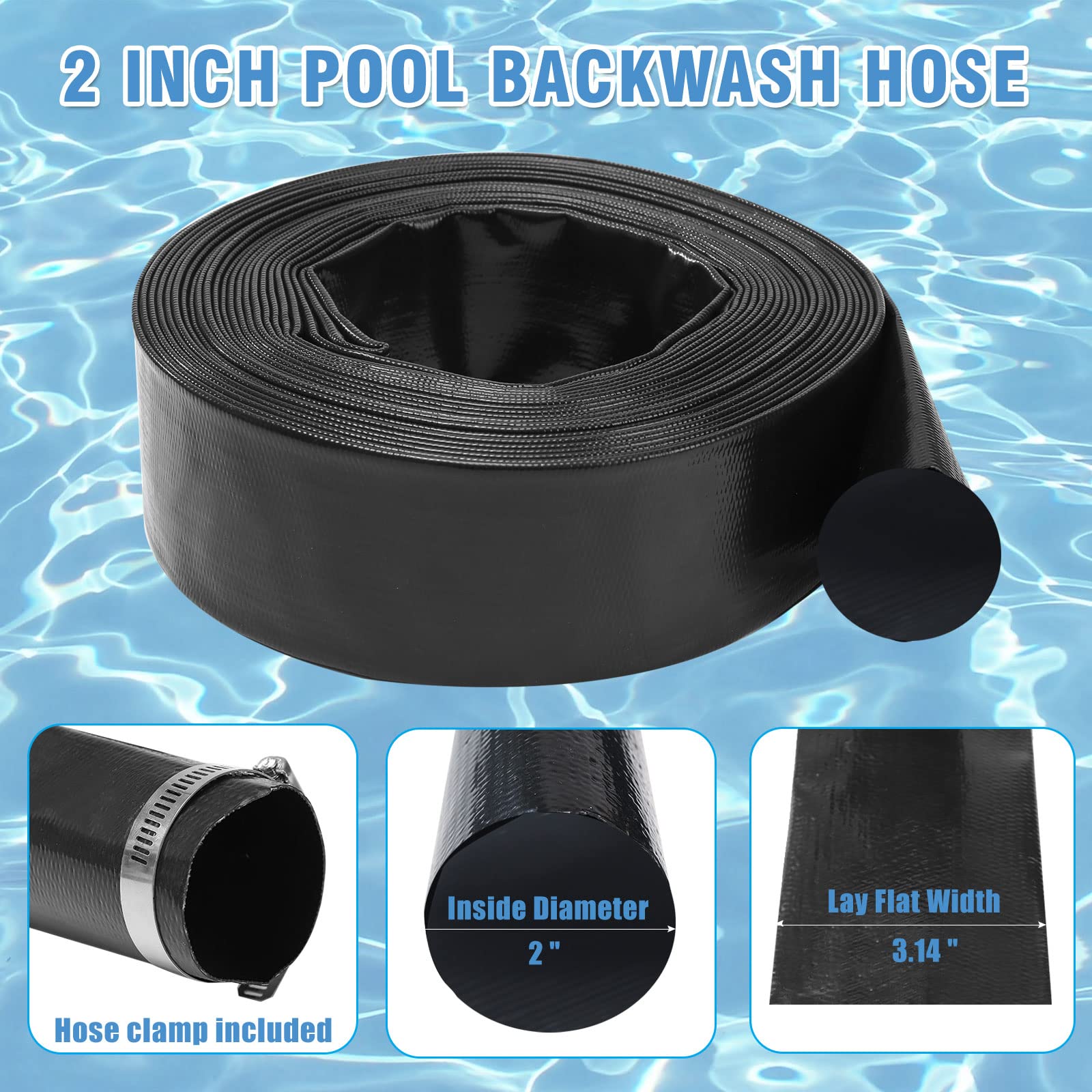 2 In X 50 Ft Pool Backwash Hose, Heavy Duty Black Pvc Reinforced Hose Connect Pvc Pipe  Pump For Water Discharge, Weather And Bl