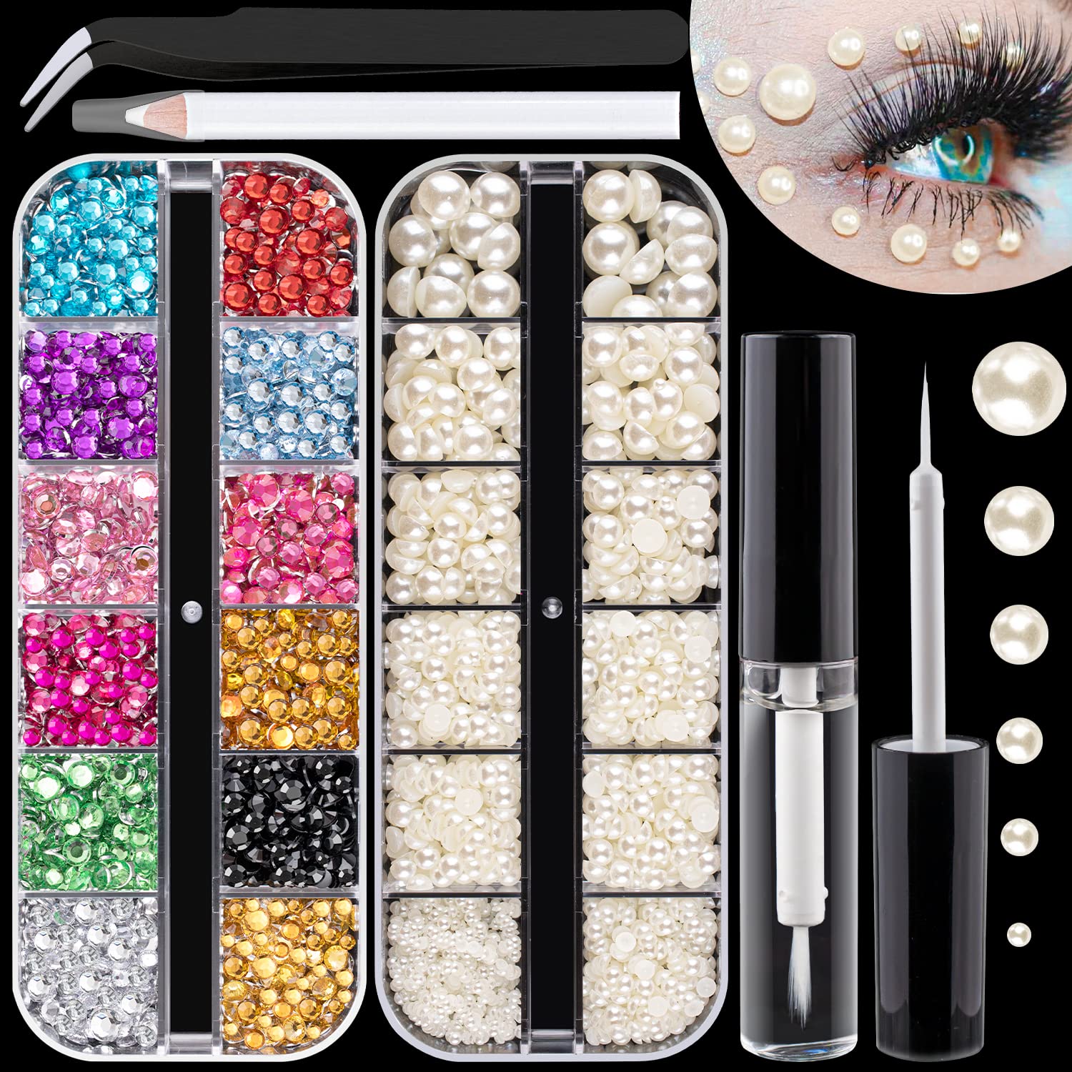 Flat Back Rhinestones&Pearls Kits Round Colorful Gems+Beige Pearls with Quick Dry Makeup Glue+Picker Pencil+Tweezer for Nail Art
