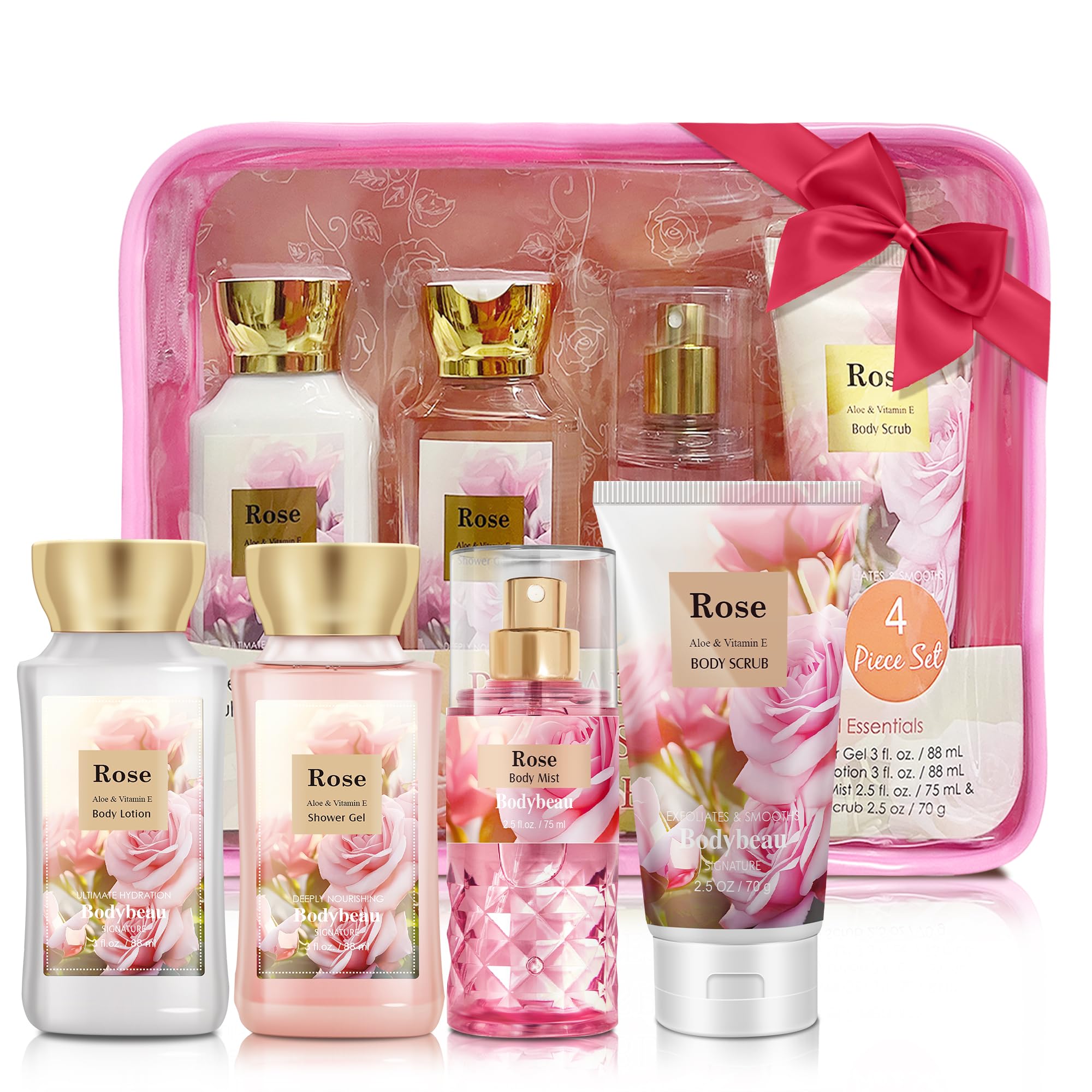 Bath And Body Gift Set For Women & Girls, Rose 4Pcs Set For - Shower Gel, Body Lotion, Body Mist, Exfoliating Scrub, Personal Po