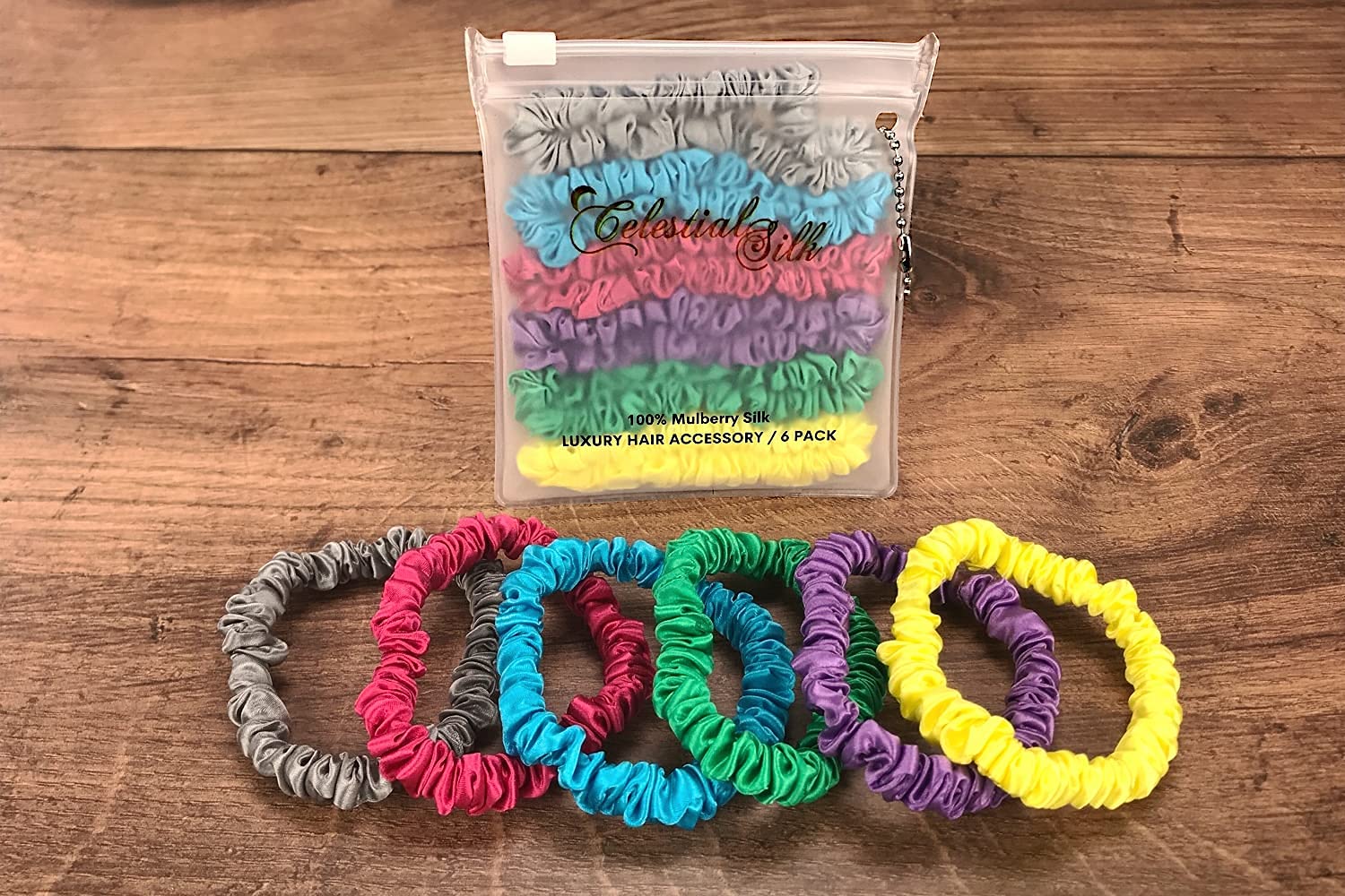 Celestial Silk Mini Scrunchies 6 Piece Mulberry Silk Scrunchy Hair Tie Set (Bright Set)