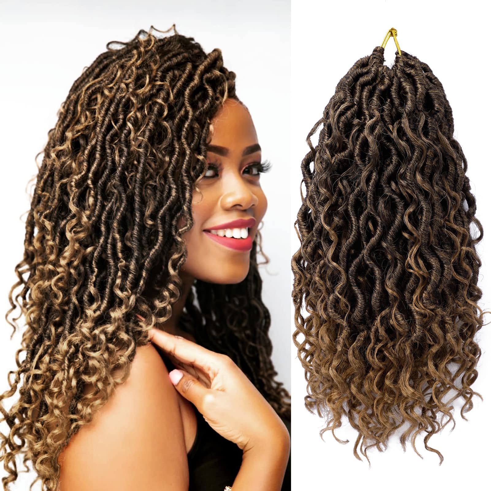 Goddess Locs Crochet Hair 12 Inch 7 Packs Ombre Boho Faux Locs Crochet Hair for Black Women Pre Looped Crochet Locs with Curly E