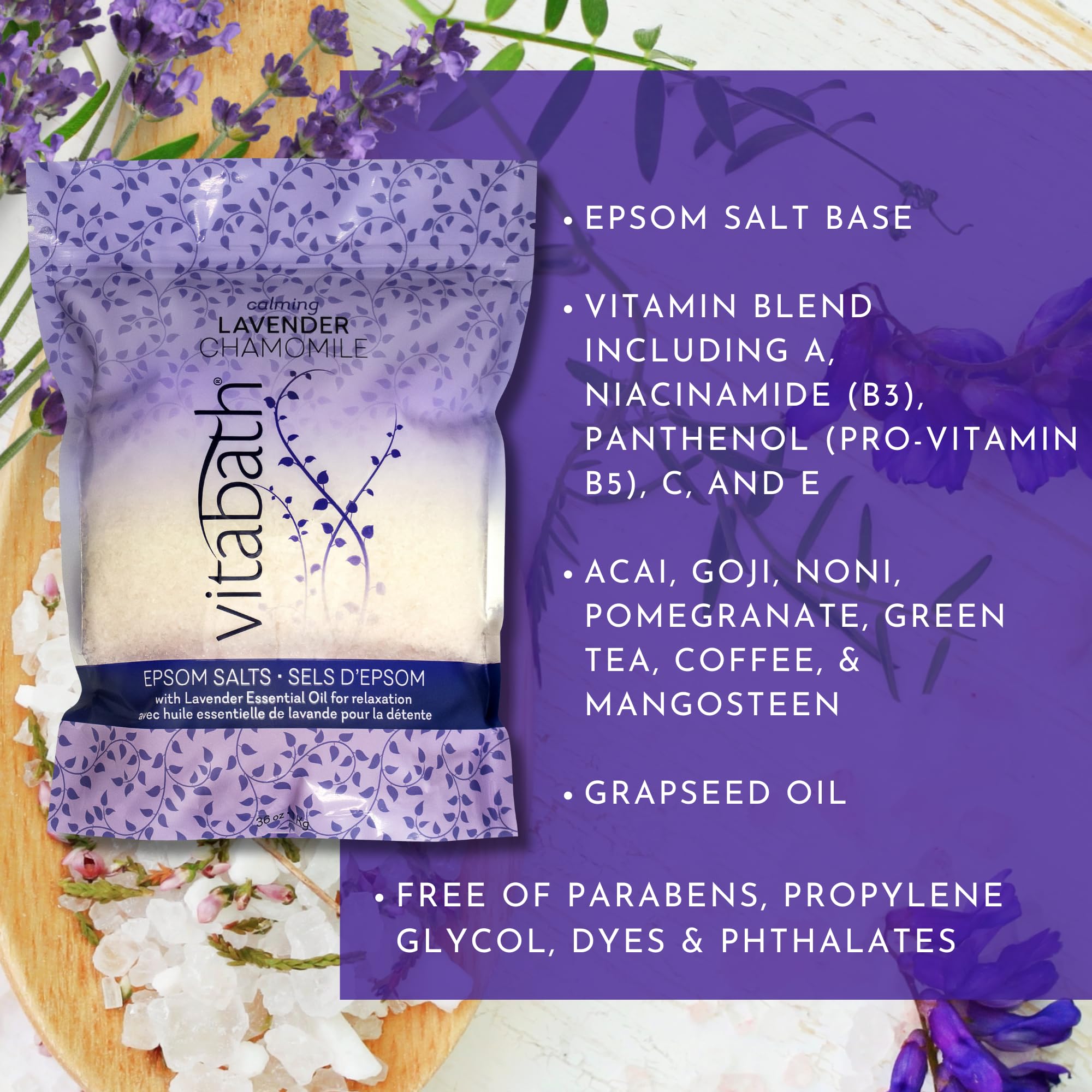Vitabath Lavender Chamomile Epsom Salts Relaxing Detox Aromatherapy, Muscle Soreness & Body Ache Relieving Soak & Nourishing Ski