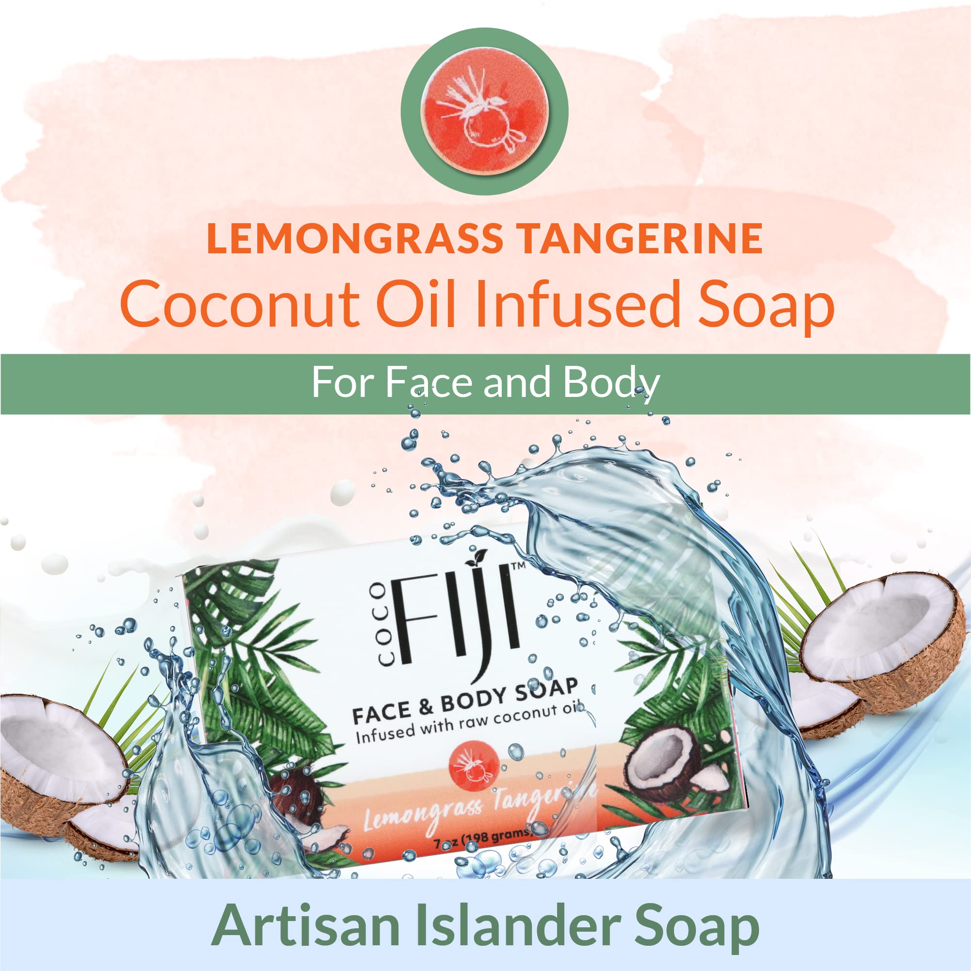 'Coco Fiji Soap Bar For Face And Body Infused With Organic Coconut Oil, Lemongrass Tangerine Essential Oil, Natural Soap For Mo