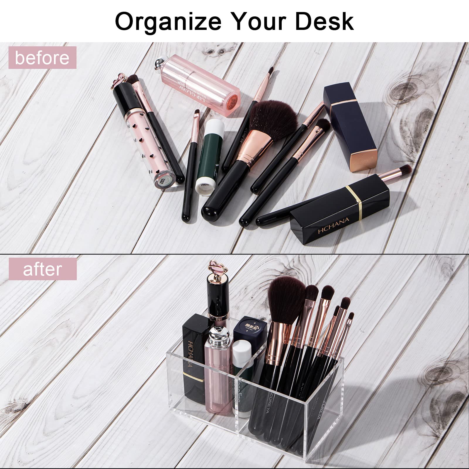 WERADNISH Acrylic Makeup Organizer and Storage, Makeup Brush Holder Organizer 2 Cube Sections, Clear Makeup Cosmetic Lipstick Bi