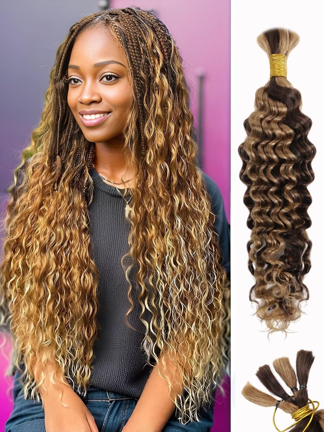 Ombre Braiding Hair 1 Bundle 50G 24 Inch Deep Water Wave Bulk Human Hair For Braiding 10A Brazilian Virgin Highlight Curly Hair