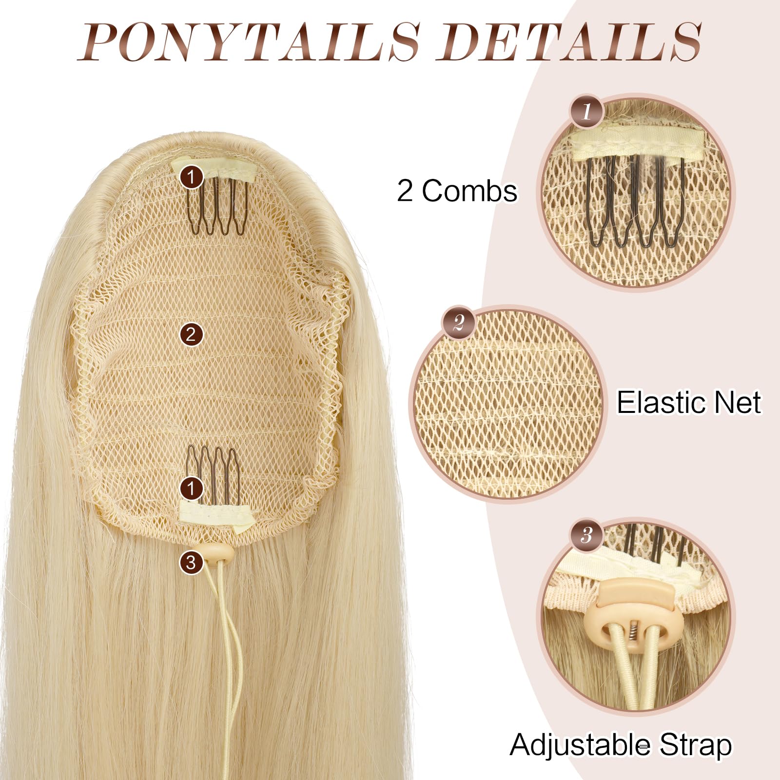 Feshfen Drawstring Ponytail Extensions Long Straight Pony Tails Natural Synthetic Hair Pieces Clip In Ponytails Hairpieces For W