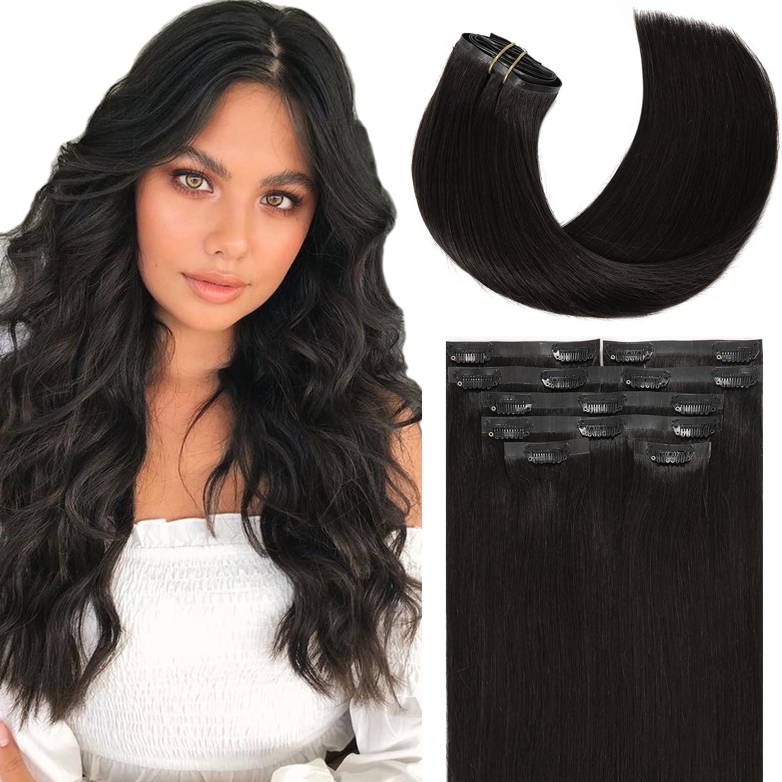Loxxy Hair Extensions Clip in Human Hair Invisible Seamless Clip in Hair Extensions Human Hair Natural Black #1B Color 18Inch Re