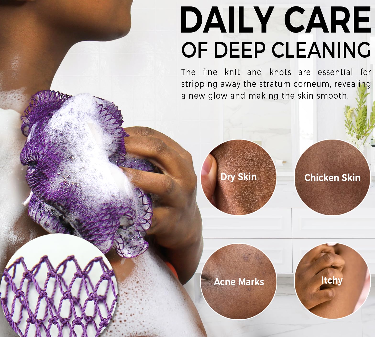 RelaxScene African Net Sponge - 2 Pack Exfoliating Body Scrubber, Nylon, Purple & Pink, Bathing Accessory with Travel Bag