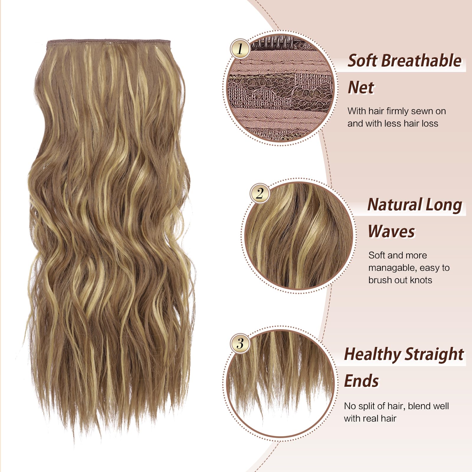 Feshfen Clip In Hair Extensions 4 Pcs Light Brown & Blonde Thick Highlighted Hairpieces Long Wavy Clip In Hair Piece Full Head S
