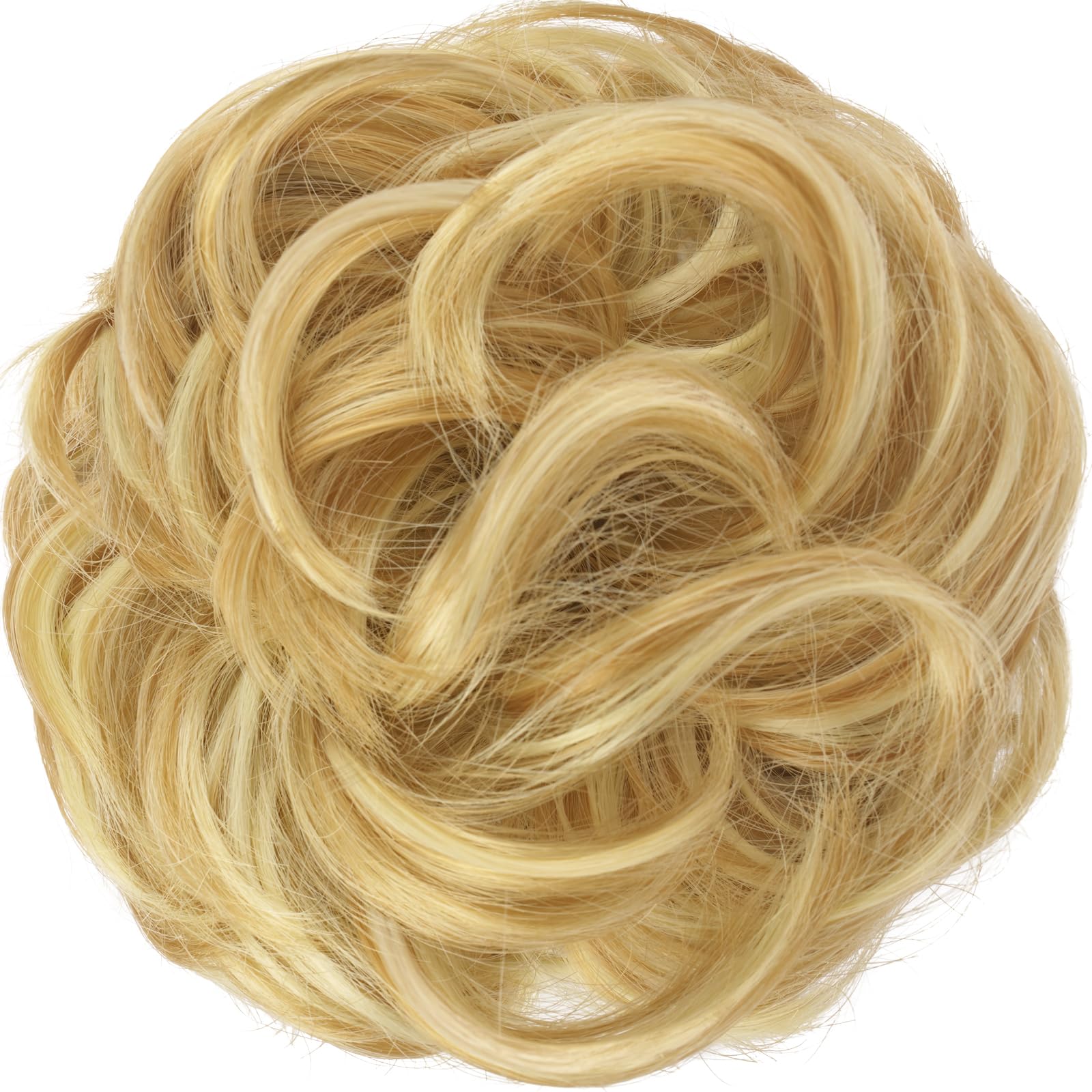 FESHFEN Messy Bun Hair Piece Curly Wavy Large Hair Bun Scrunchies Extensions Synthetic Strawberry Blonde & Bleach Blonde Tousled