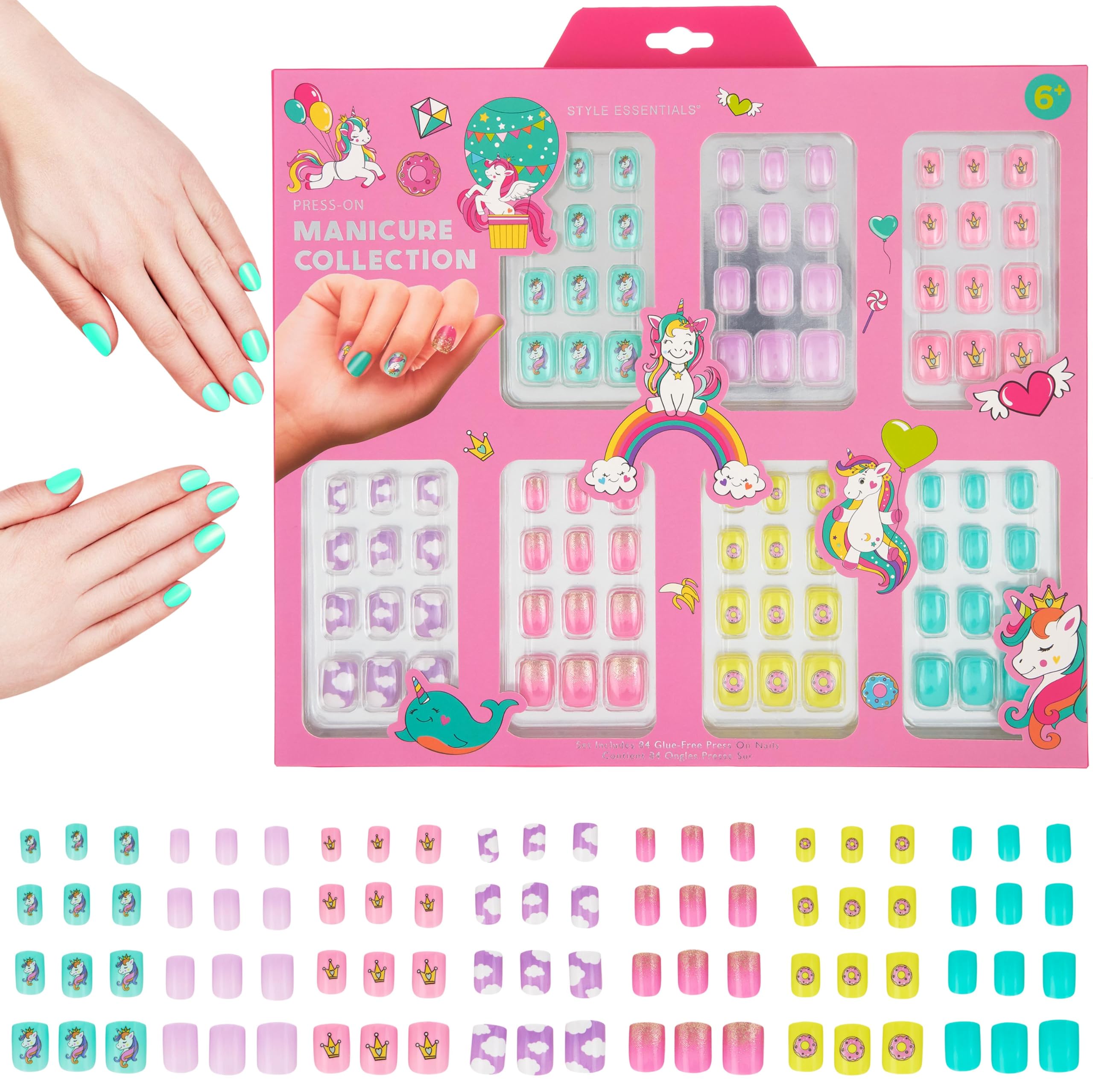Expressions 7 Day Manicure Collection - 84PC Press On Nail Set, Day-Of-The-Week Adhesive False Nails for Girls (UNICORN PARTY Co
