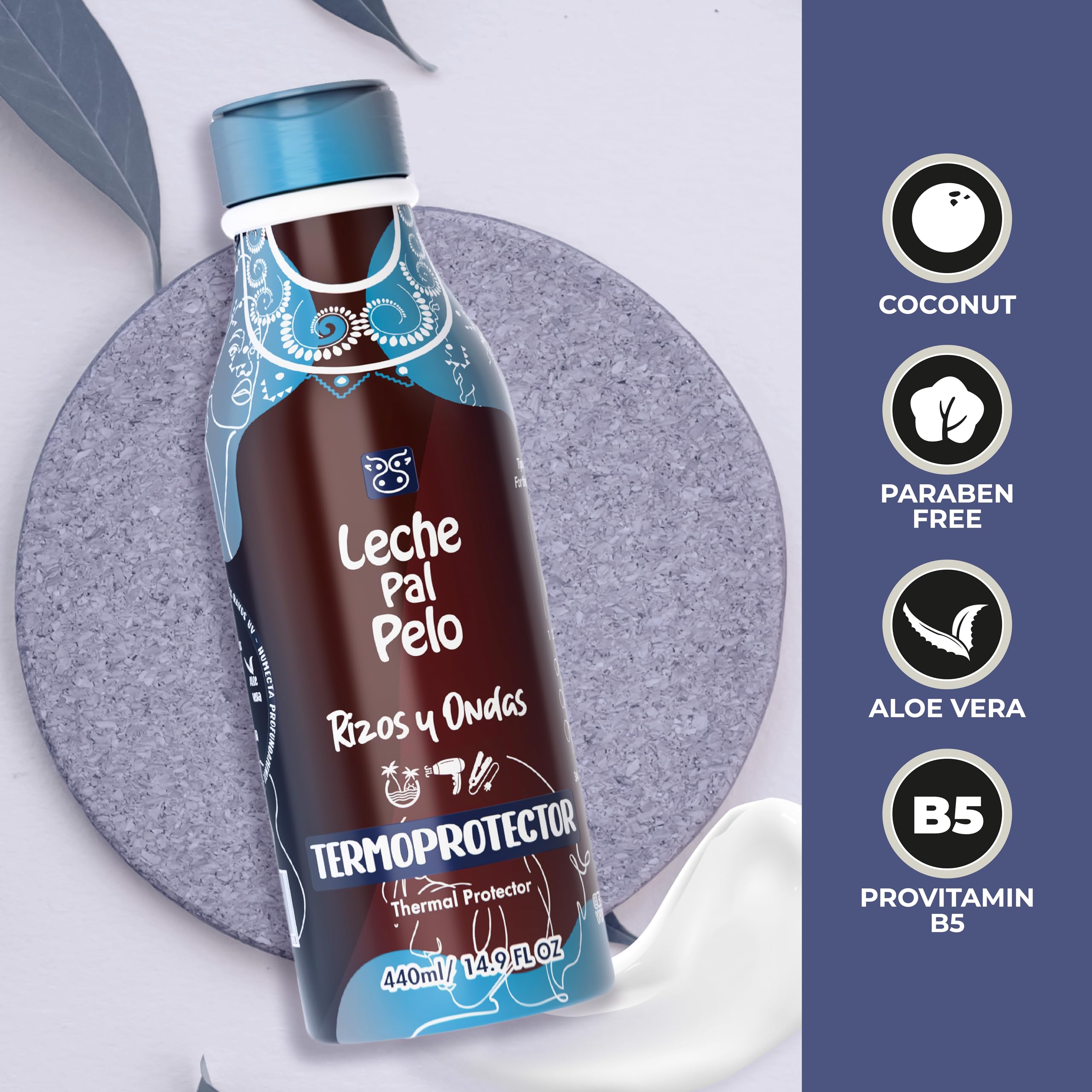 Leche Pal Pelo Thermal Hair Protector for Curly & Wavy with Aloe Vera, Coconut Milk, Provitamin B - Leave-in Treatment - Hydrati