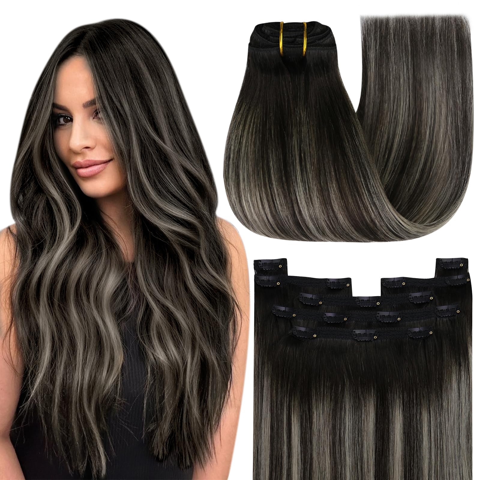 YoungSee Clip in Human Hair Extension Ombre Black Double Weft Clip in Hair Extensions Human Hair Blend of Black and Silver with 