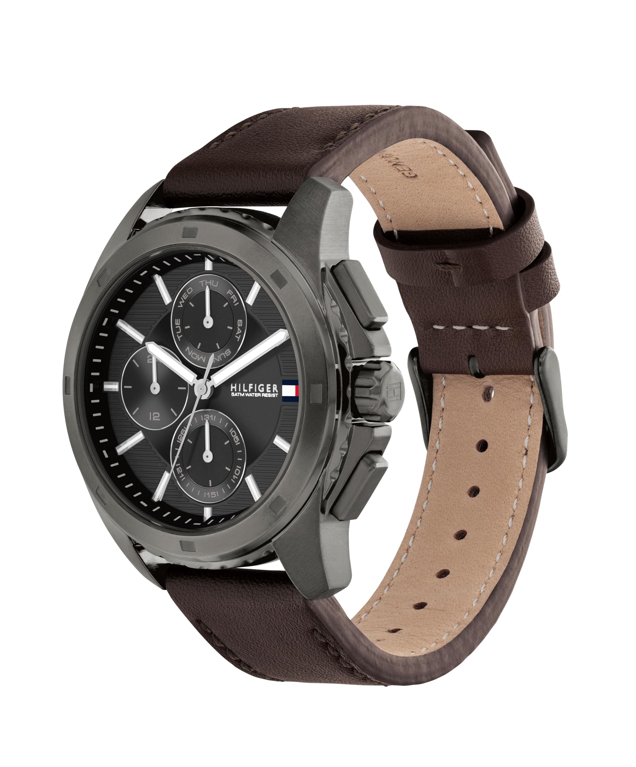 Tommy Hilfiger MenS Stainless Steel & Brown Leather Strap Watch, 22 Mm