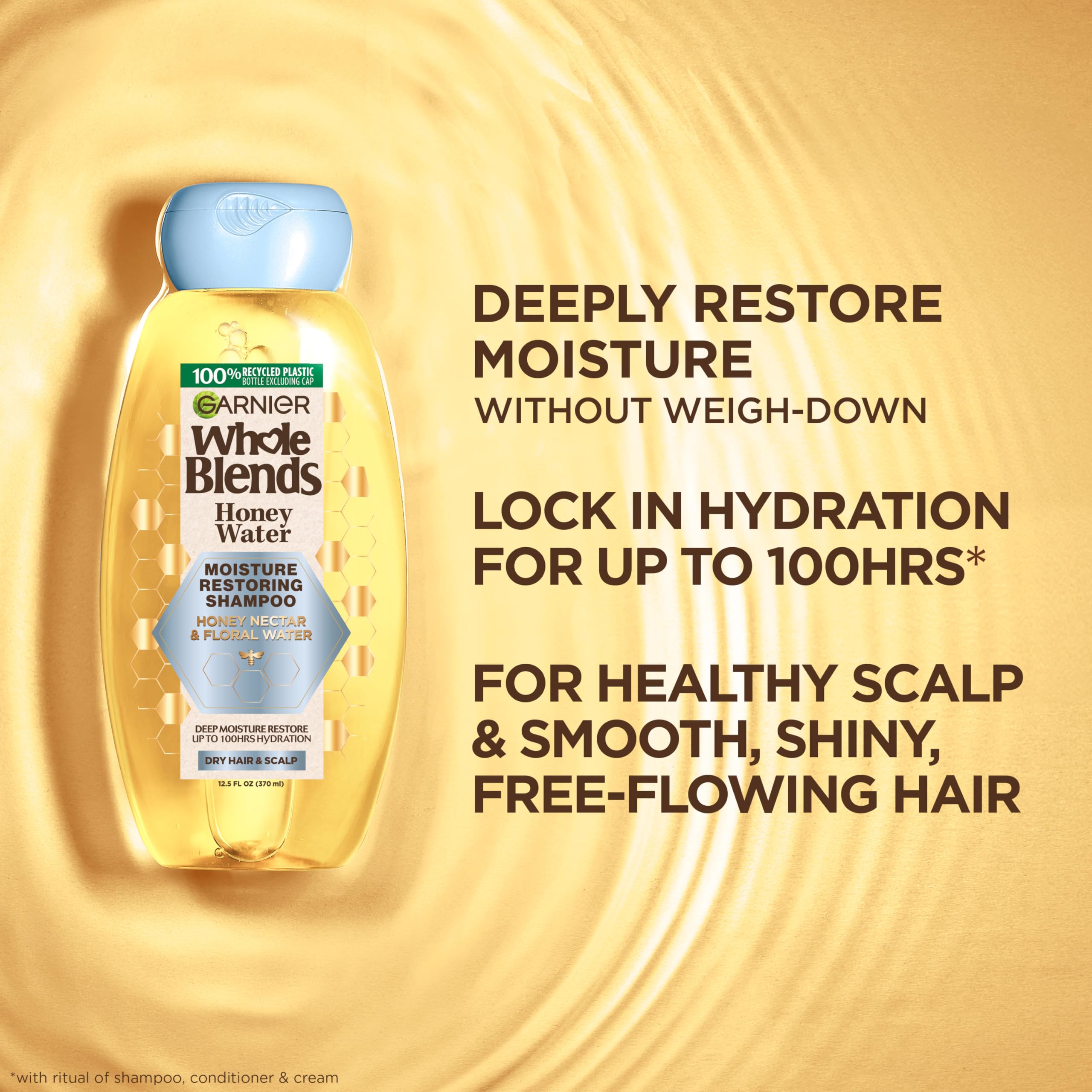 Garnier Whole Blends Honey Water Moisture Restoring Shampoo, Hair Care for Dry Hair and Dry Scalp with Honey Nectar and Floral W