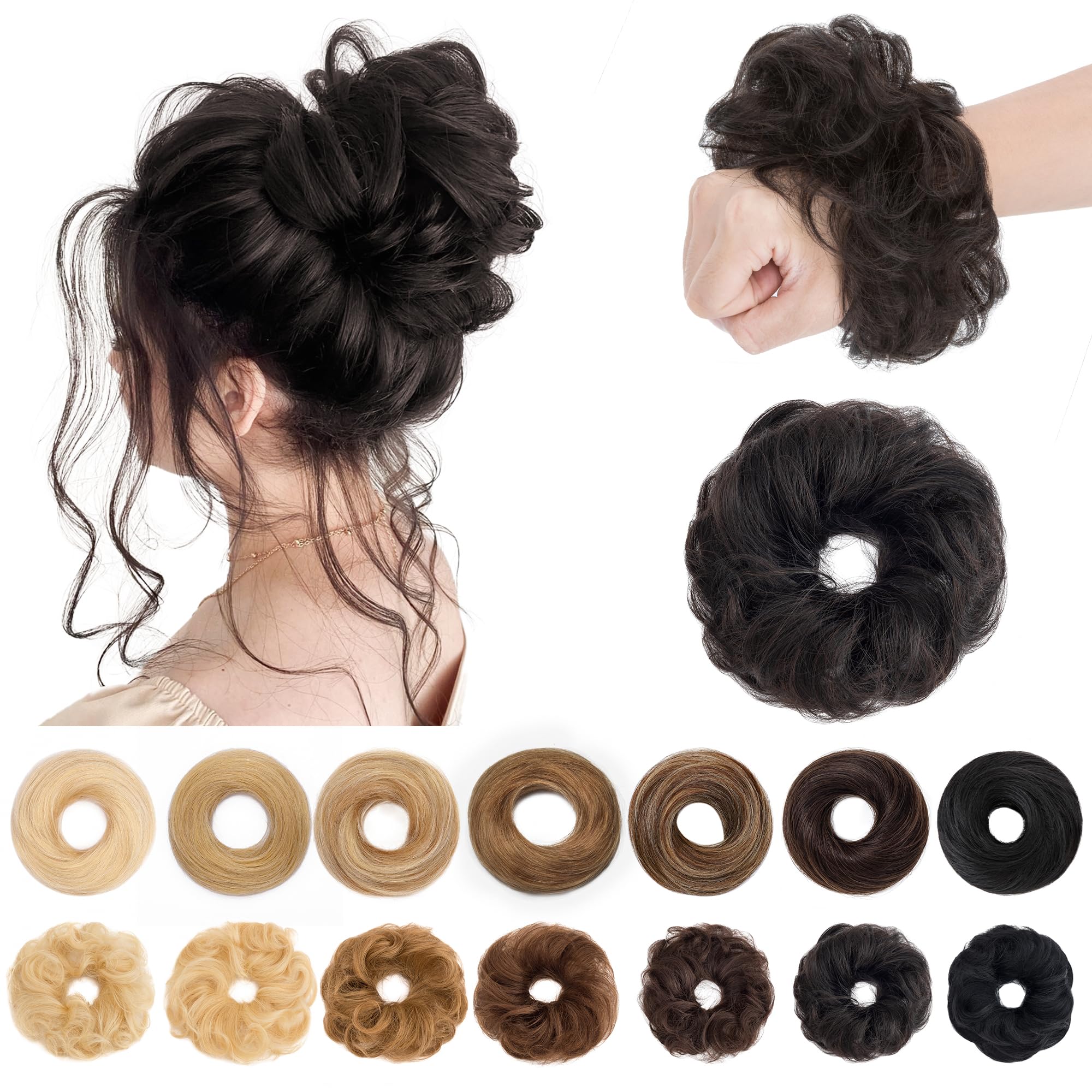 SEGO Human Hair Messy Bun Hair Piece Scrunchies Real Human Hair Wavy Curly Tousled Updo Hairpieces Donut Chignon Ponytail Extens