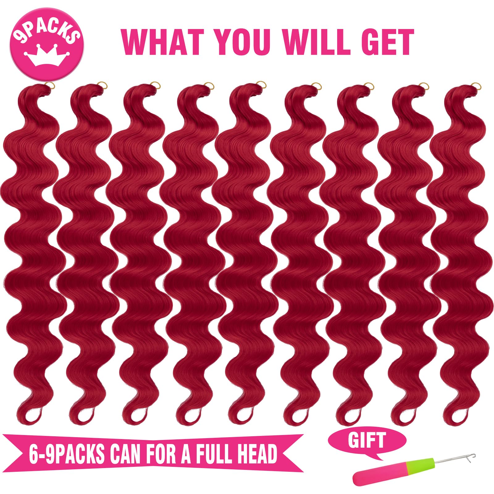 Unionbeauty Red Body Wave Braiding Hair 24 Inch 9 Packs Pre-Feathered Braiding Hair For Goddess Boho Box Braids Synthetic Croche