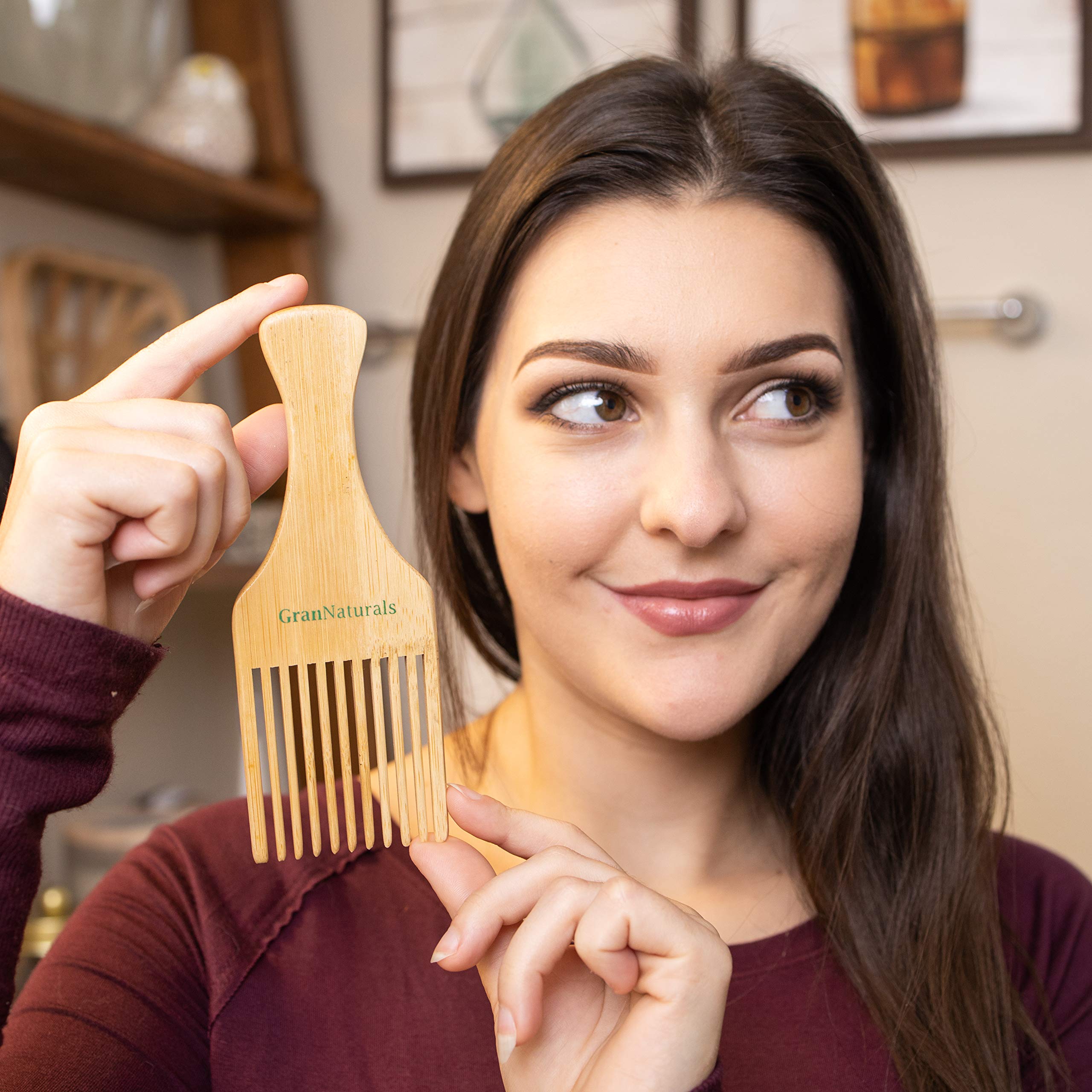Grannaturals Wooden Comb & Hair Pick - Natural Wood Volumizing & Styling Tool For Thick, Coarse, Curly Hair - Non-Static Comb Fo