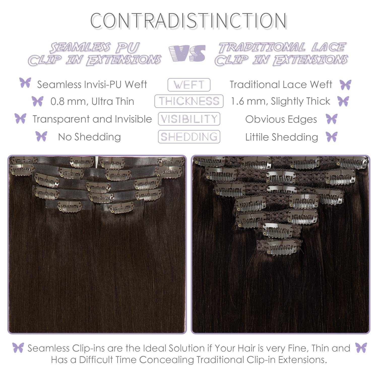 Lacer Hair Seamless Hair Extensions Clip in Human Hair #2 Darkest Brown Ultra Thin Double Weft PU Invisible Clip in Hair Extensi