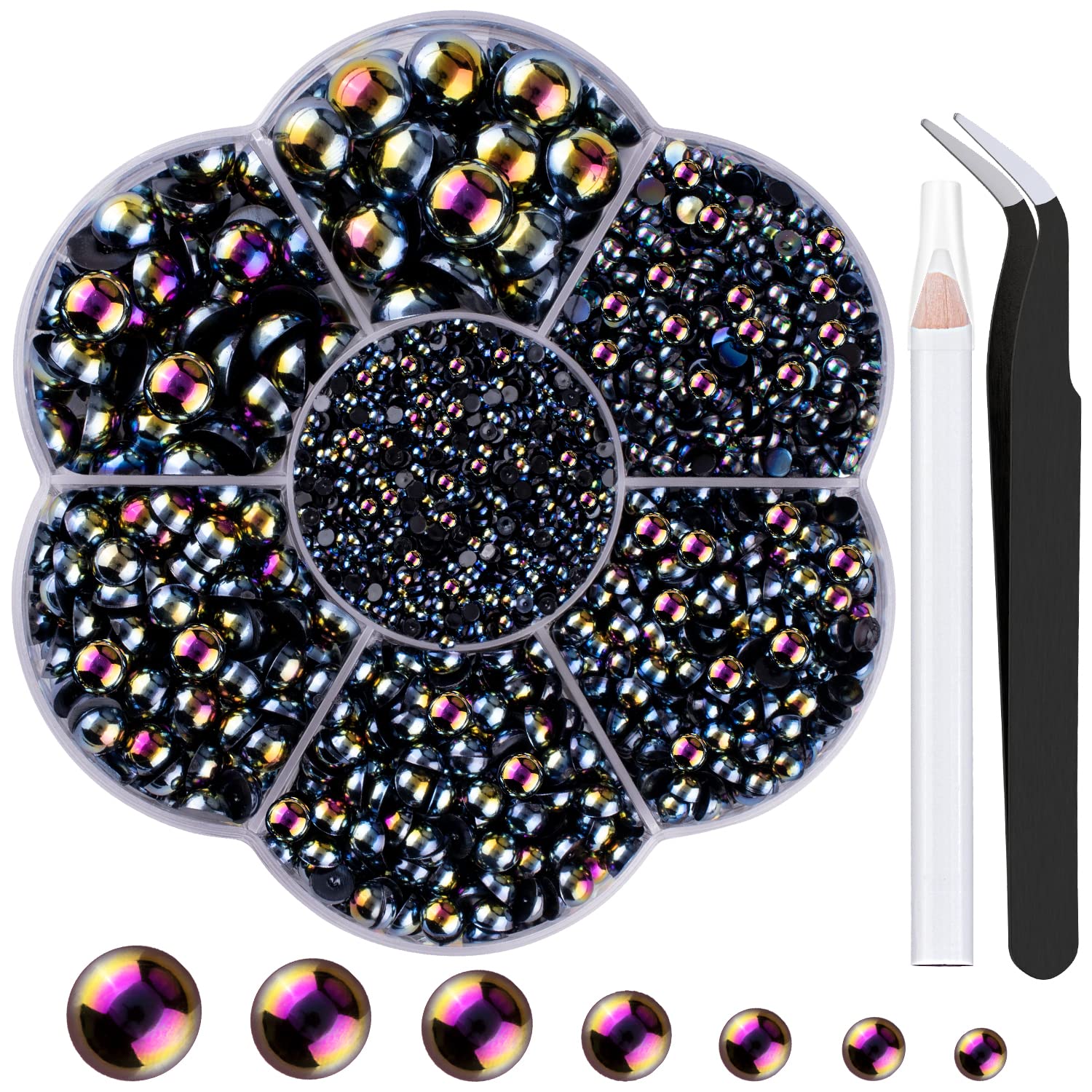 Nail Art Flat Back Half Round Pearl Kits 15, 1 Box of 5600 Pcs Flat-Back Black AB Pearl with Tweezer and Picker Pencil for Home