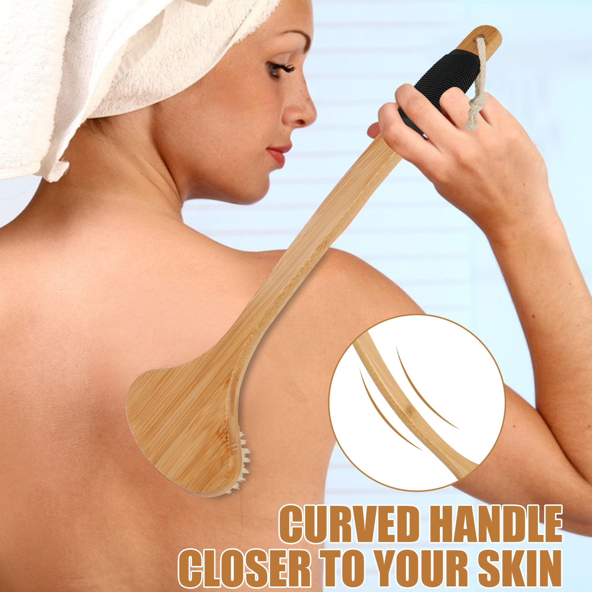 Owiizi Back Scrub Brush For Shower,Stiff Boar Bristles Bamboo Curved Long Handle Antiskid Body Bath Brush For Back Use Wet Or Dr