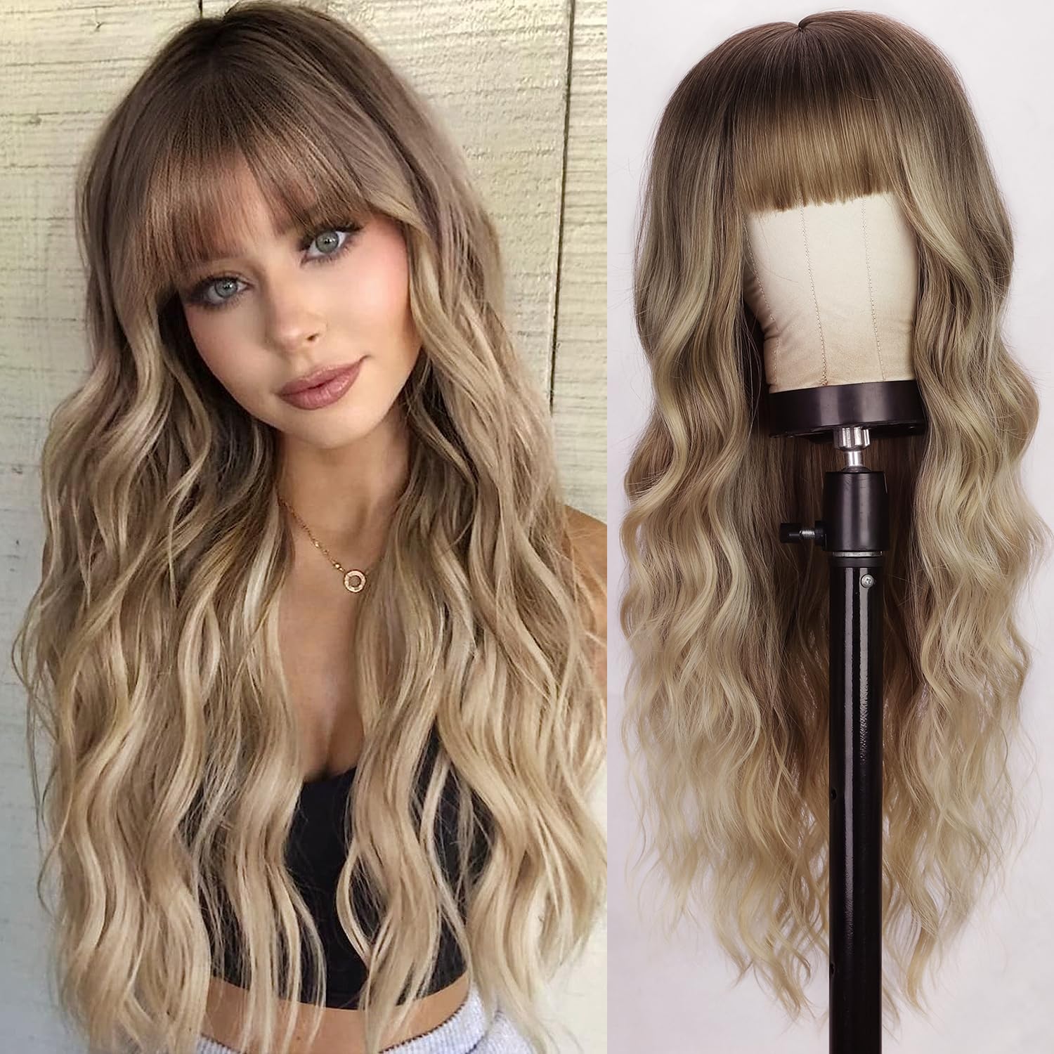 Lativ Blonde Wig With Bangs Long Wavy Curly Ombre Wig with Dark Root Synthetic Heat Resistant Wigs for Women Daily Party Use 26 