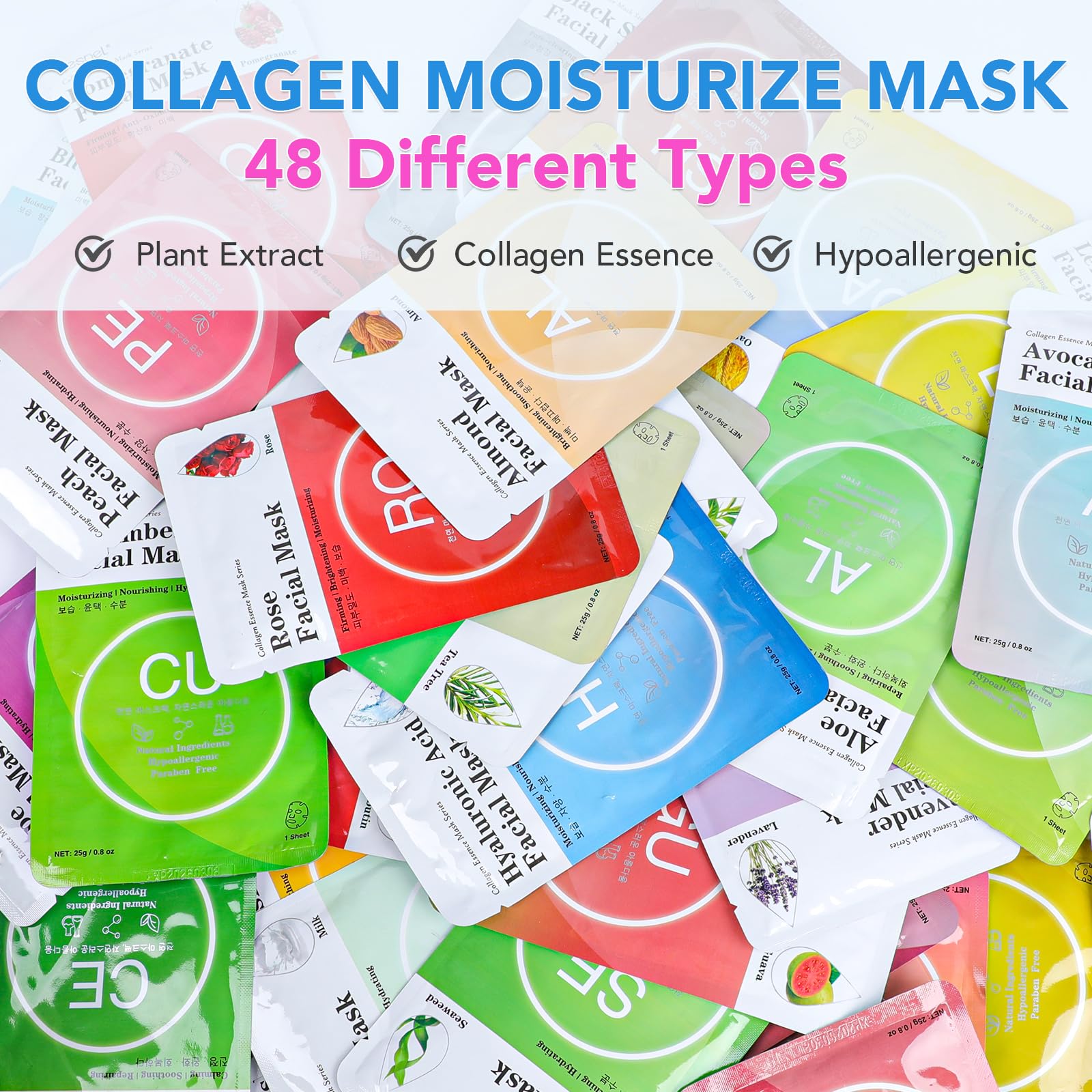 Vespro Collagen Essence Sheet Facial Masks (48 Pack), Bulk Sheet Masks For Face, Skincare For All Skin Types, Moisturizing And S
