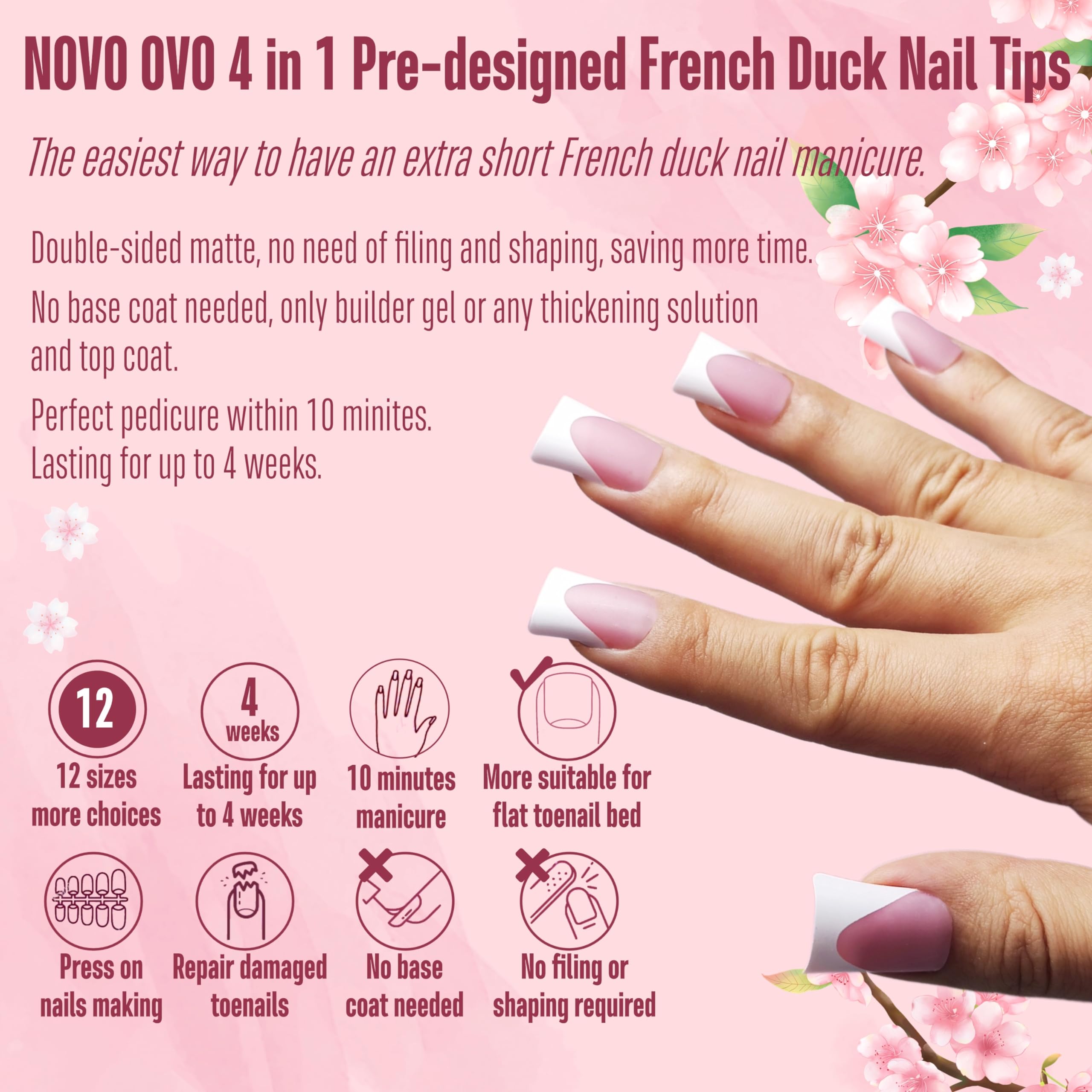 NOVO OVO French Tip Short Duck Nail Tips Press on, Pre-designed Soft Gel Nail Extension, BERRY PINK Pre-applied Tip Primer & Bas