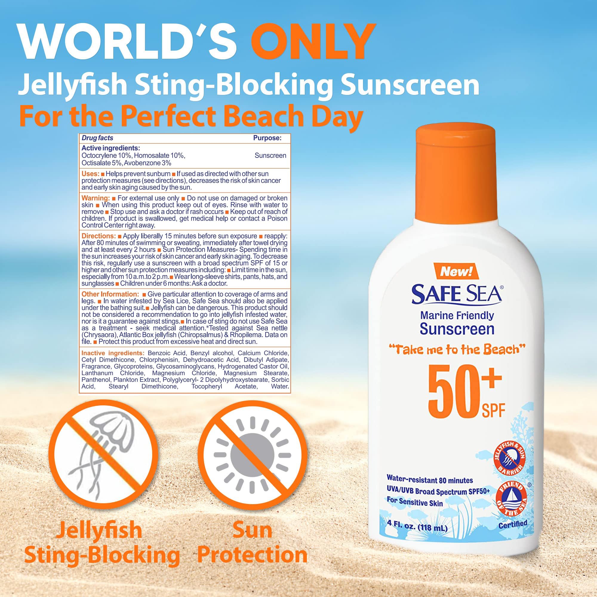 Safe Sea Jellyfish Sting-Blocking Sunscreen, SPF 50+ Lotion 4oz, Waterproof, Biodegradable, Coral Reef-Safe - Body and Face Suns