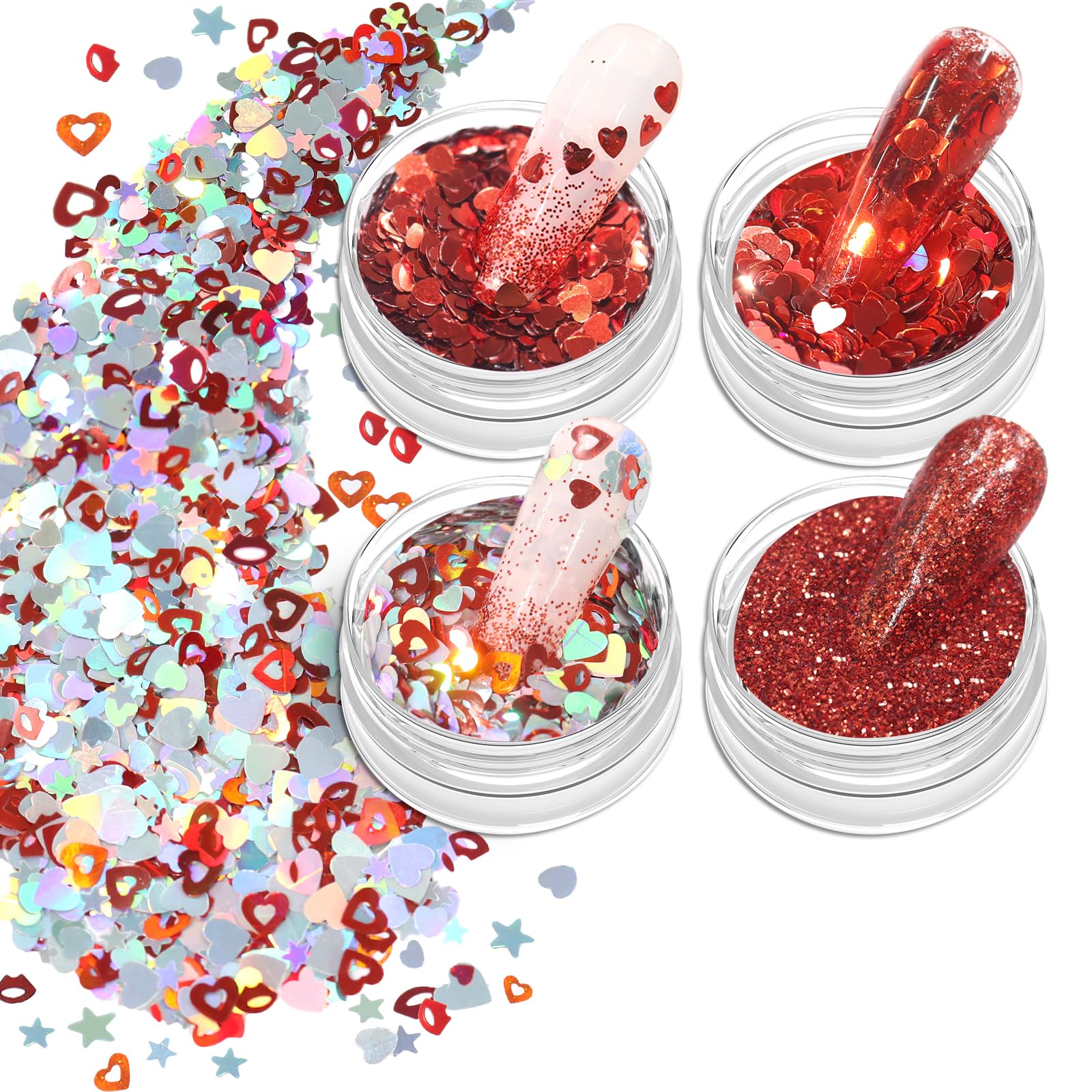 Allstarry Heart Glitter Nail Art Sequins, 4 Colors Holographic Heart Shaped Confetti 3D Red Lip Star Nail Flake for Valentine's 