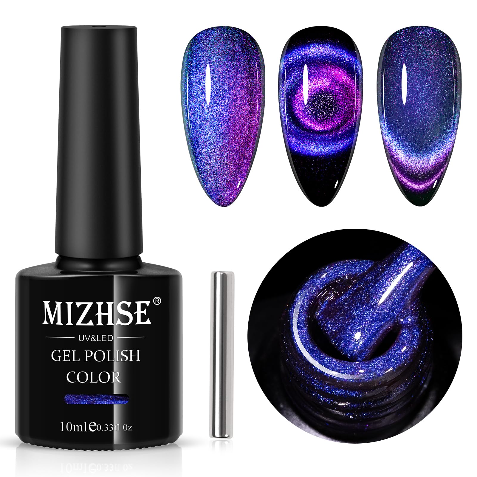 Mizhse 9D Cat Eye Gel Nail Polish, Dual Colors Purple & Pink Magnetic Gel Polish With Magnet Stick, Magic Chameleon Galaxy Effec